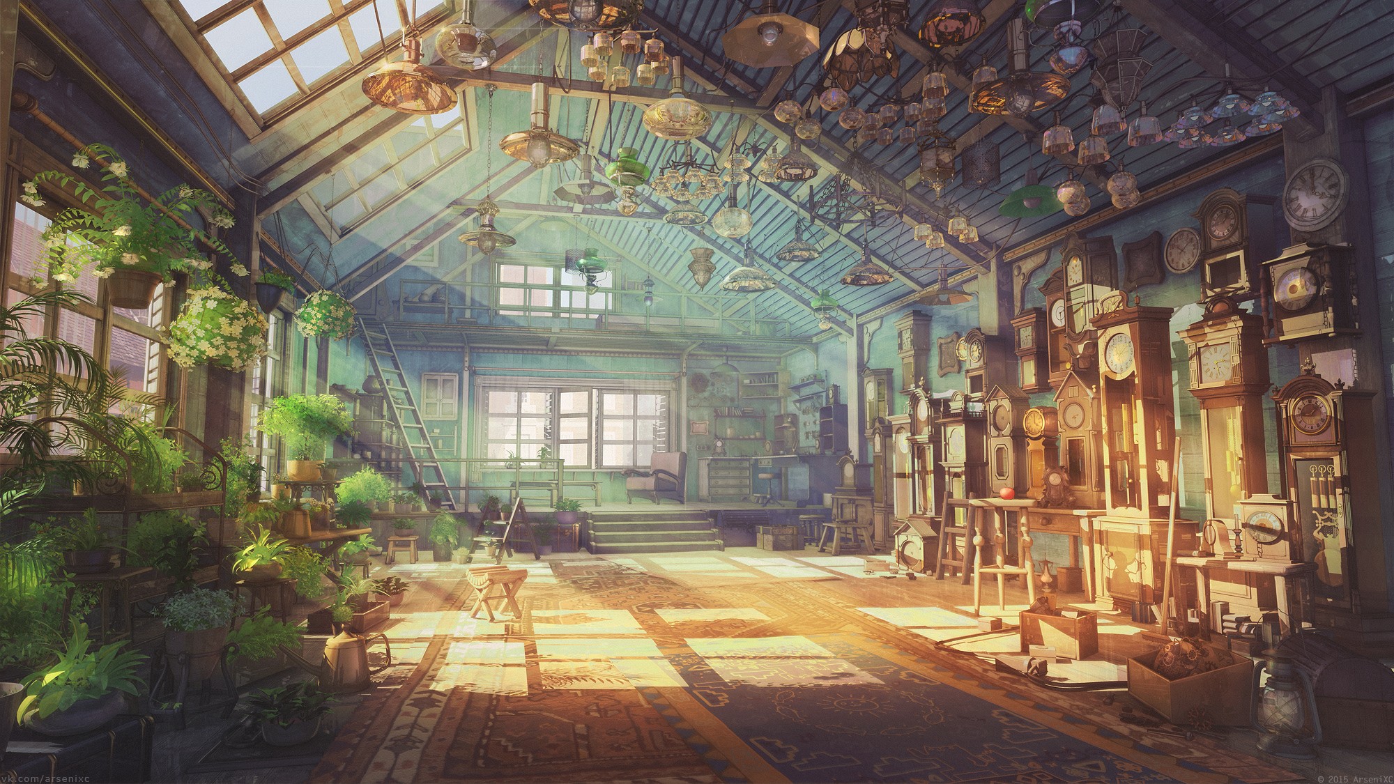 ArseniXC's antique shop with plants and clocks HD Wallpaper