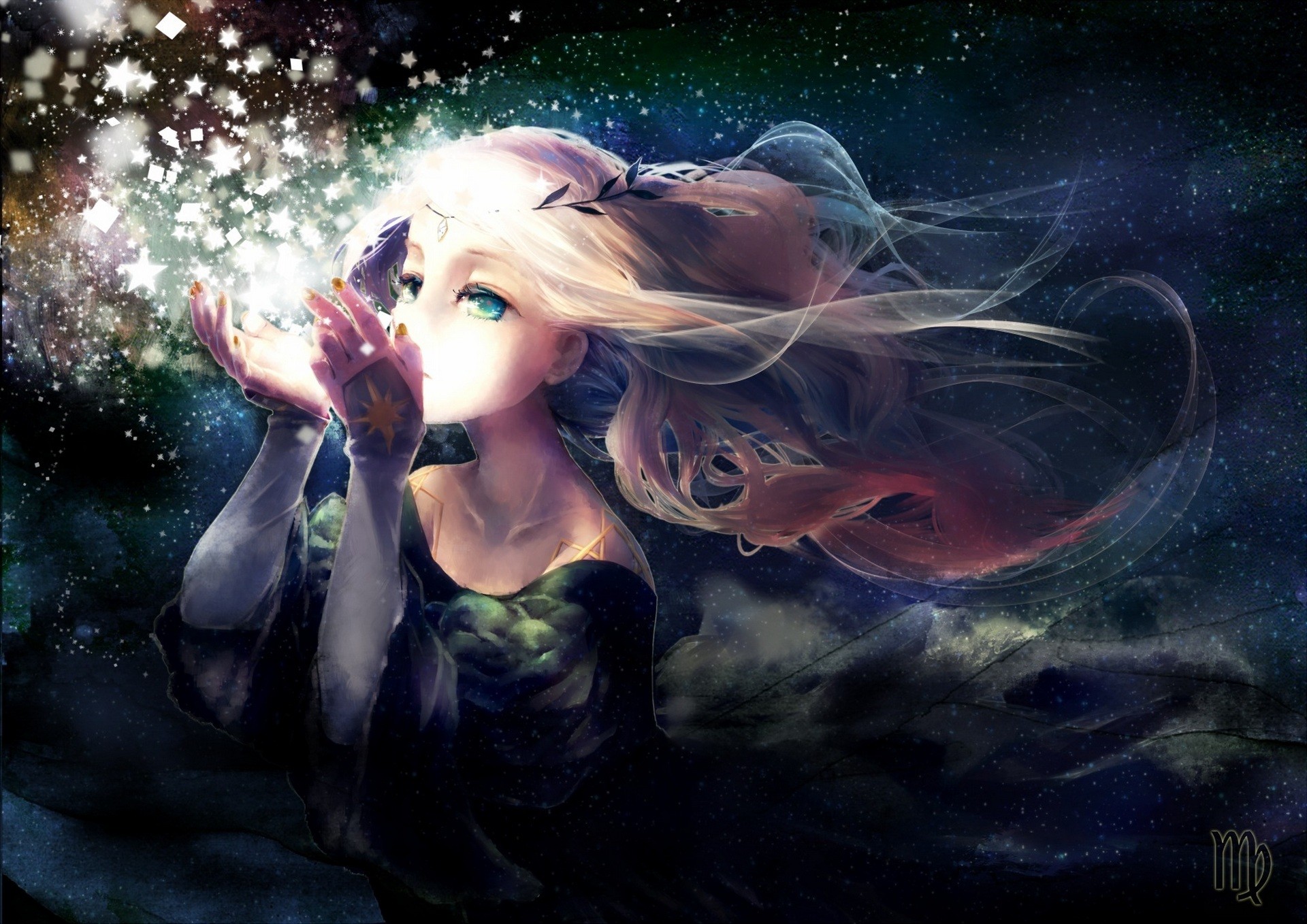Anime girl blowing stars in a starry night sky HD Wallpaper