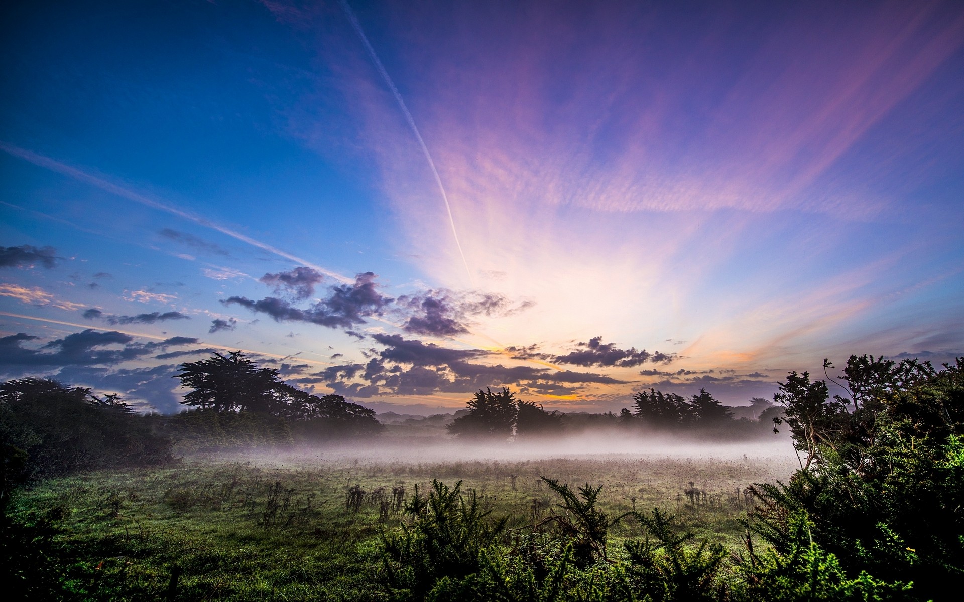 Misty field at sunrise with colorful sky HD Wallpaper