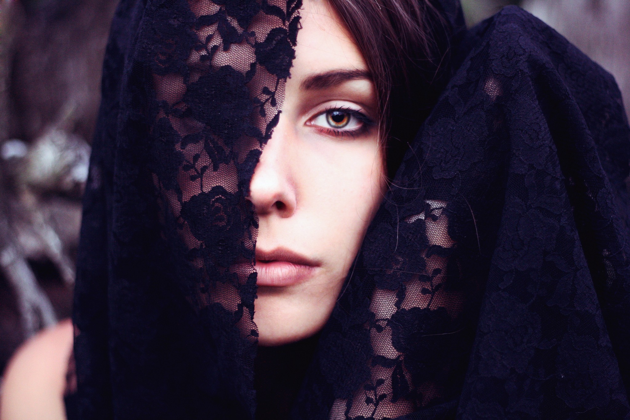 Woman with black lace veil over face HD Wallpaper