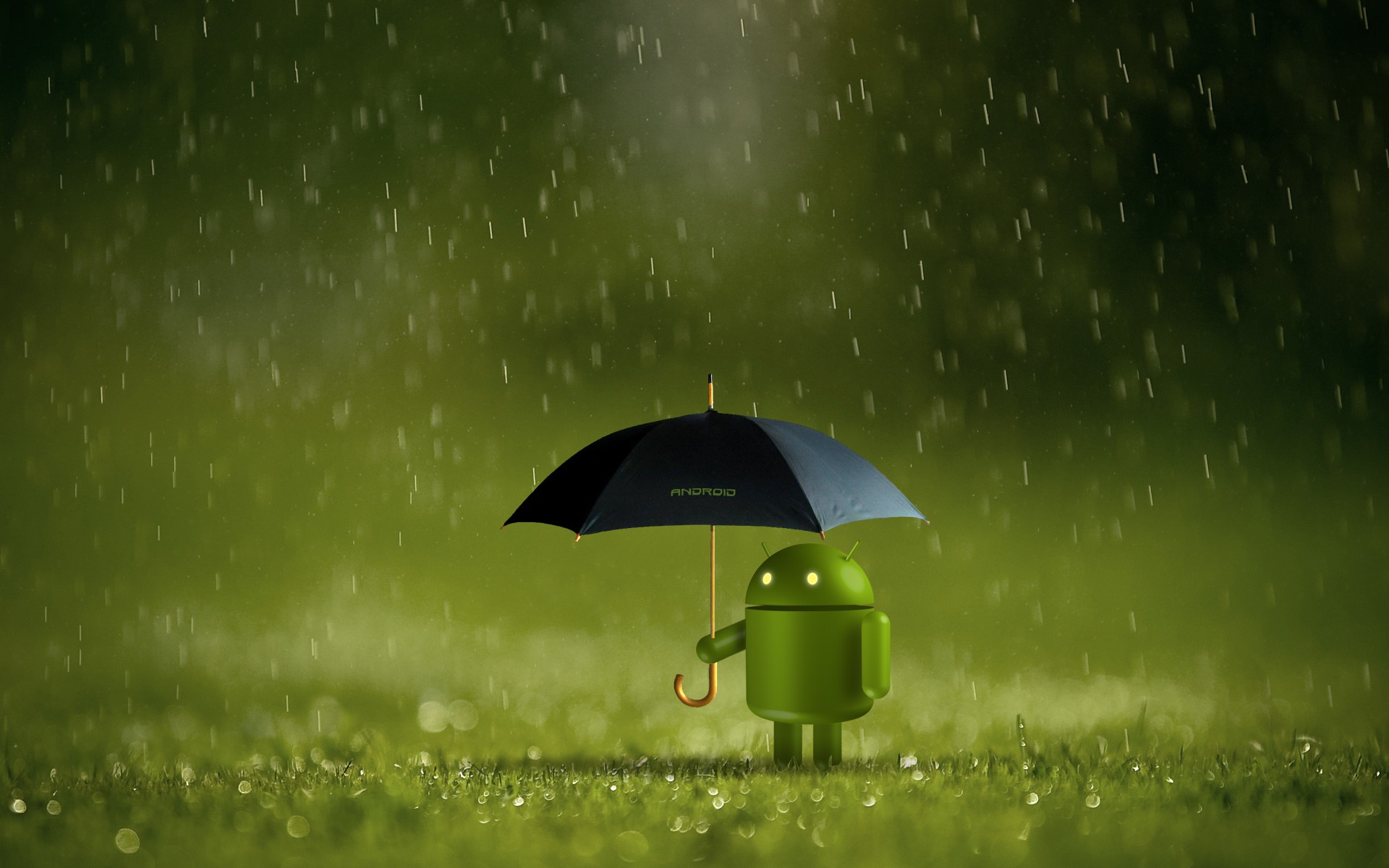 Android robot holding an umbrella in the rain HD Wallpaper