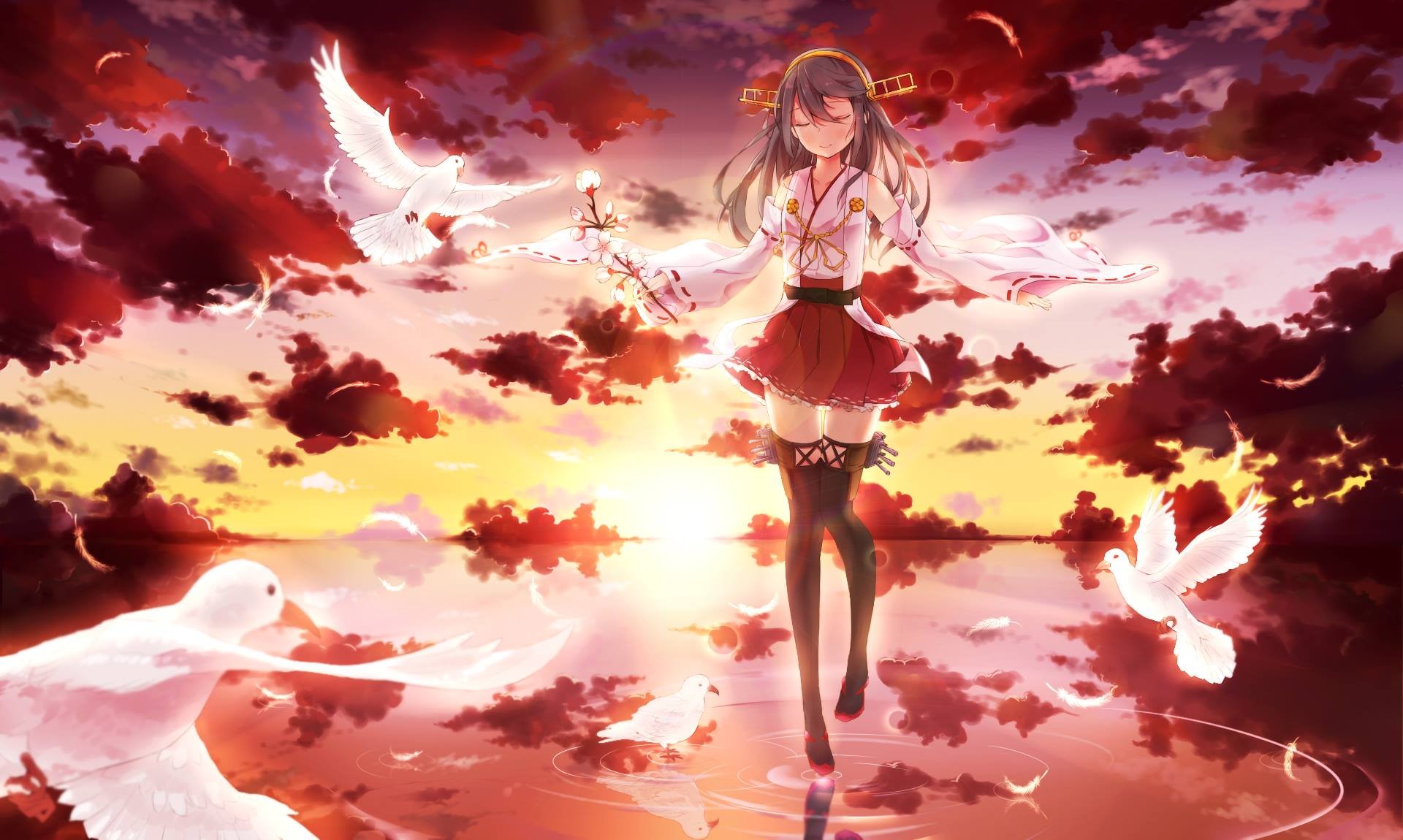 Anime girl with doves at sunset, Kantai Collection HD Wallpaper