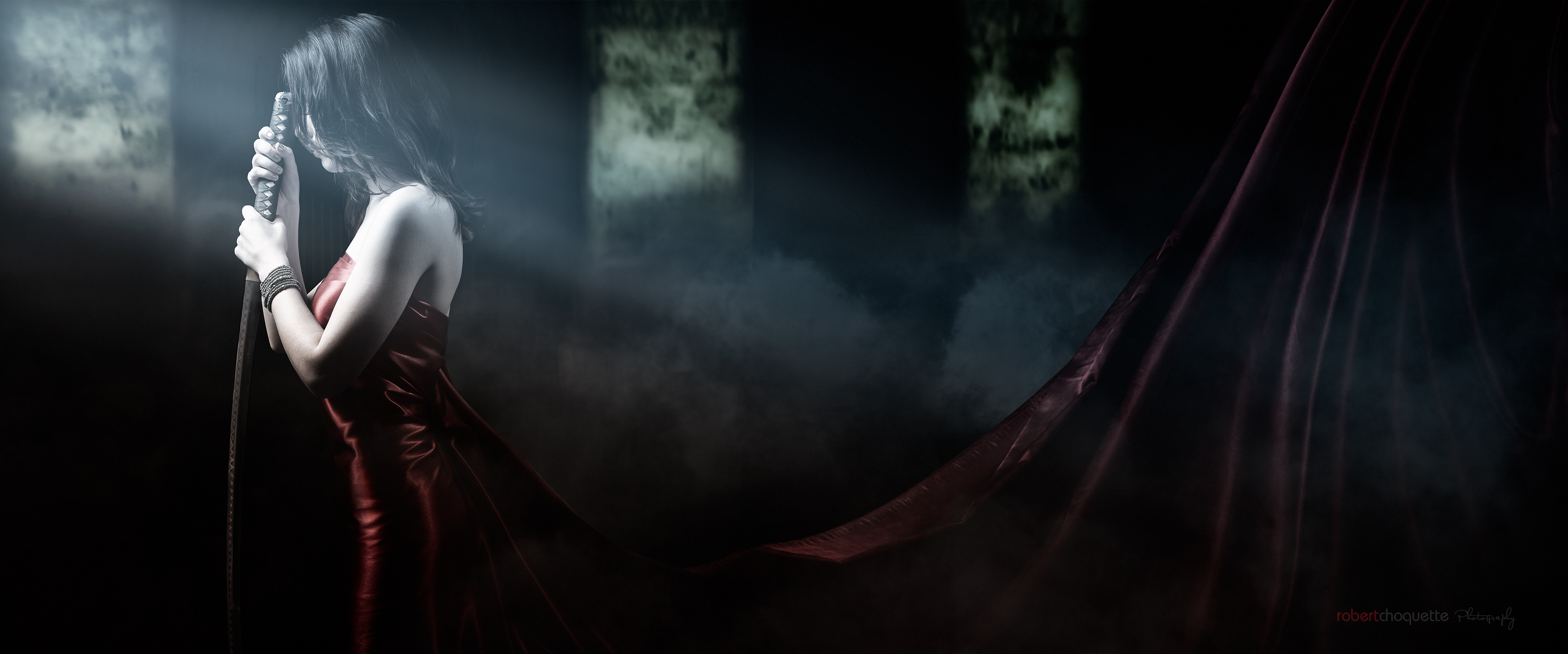 Woman in red dress holding a sword HD Wallpaper