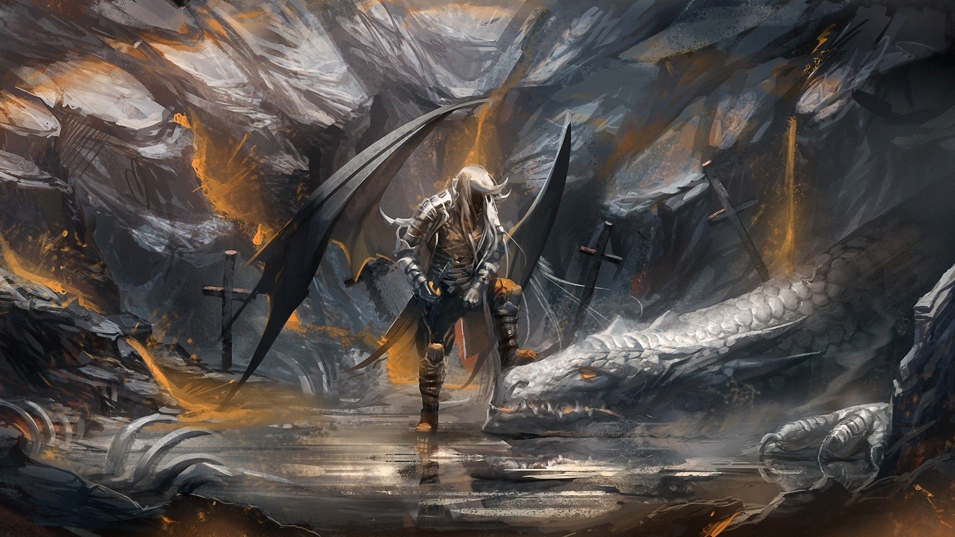 Dragon and winged figure in a cave HD Wallpaper