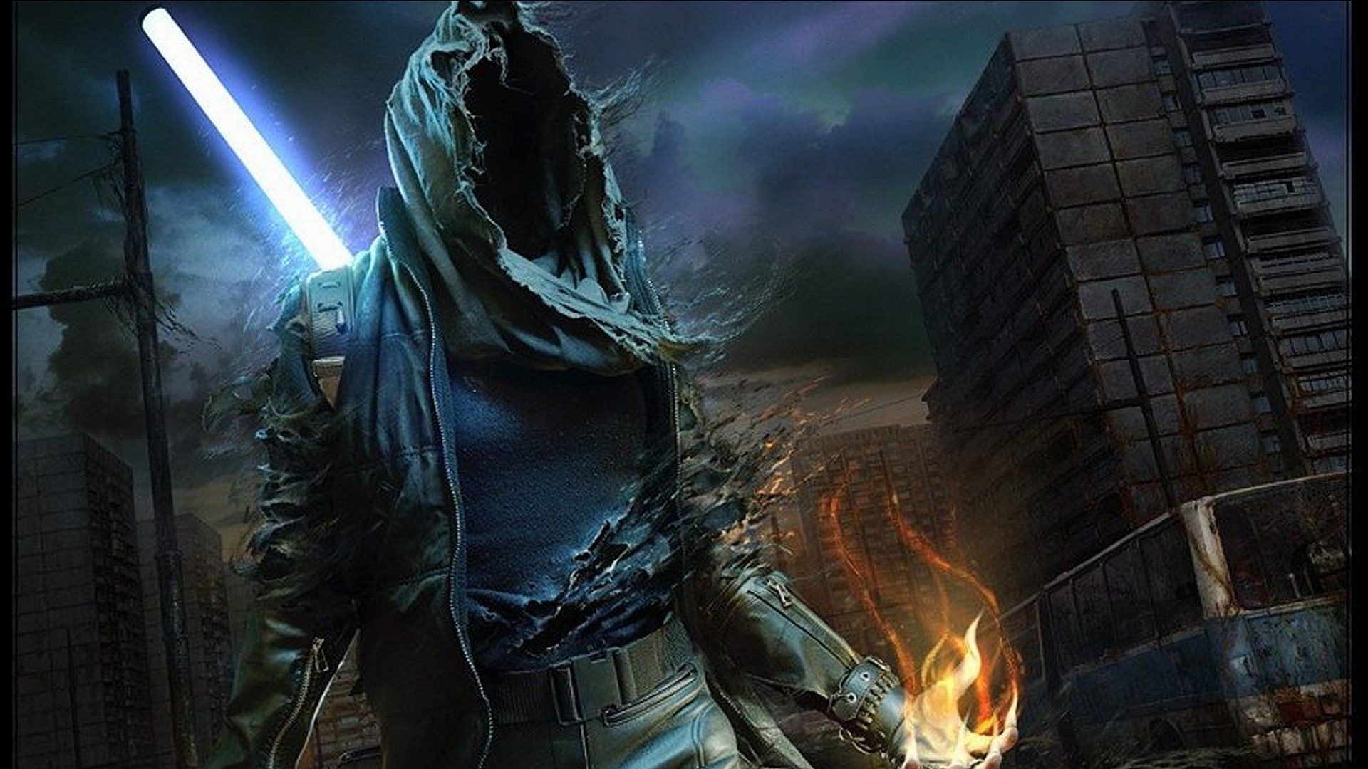 Hooded figure with glowing sword in ruined city HD Wallpaper