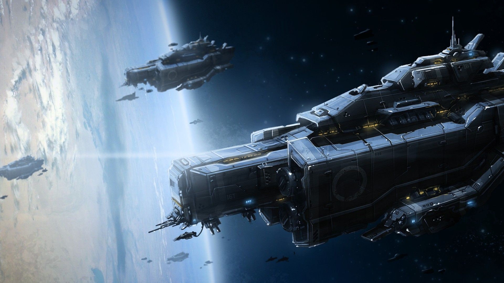Spaceships orbiting a planet HD Wallpaper