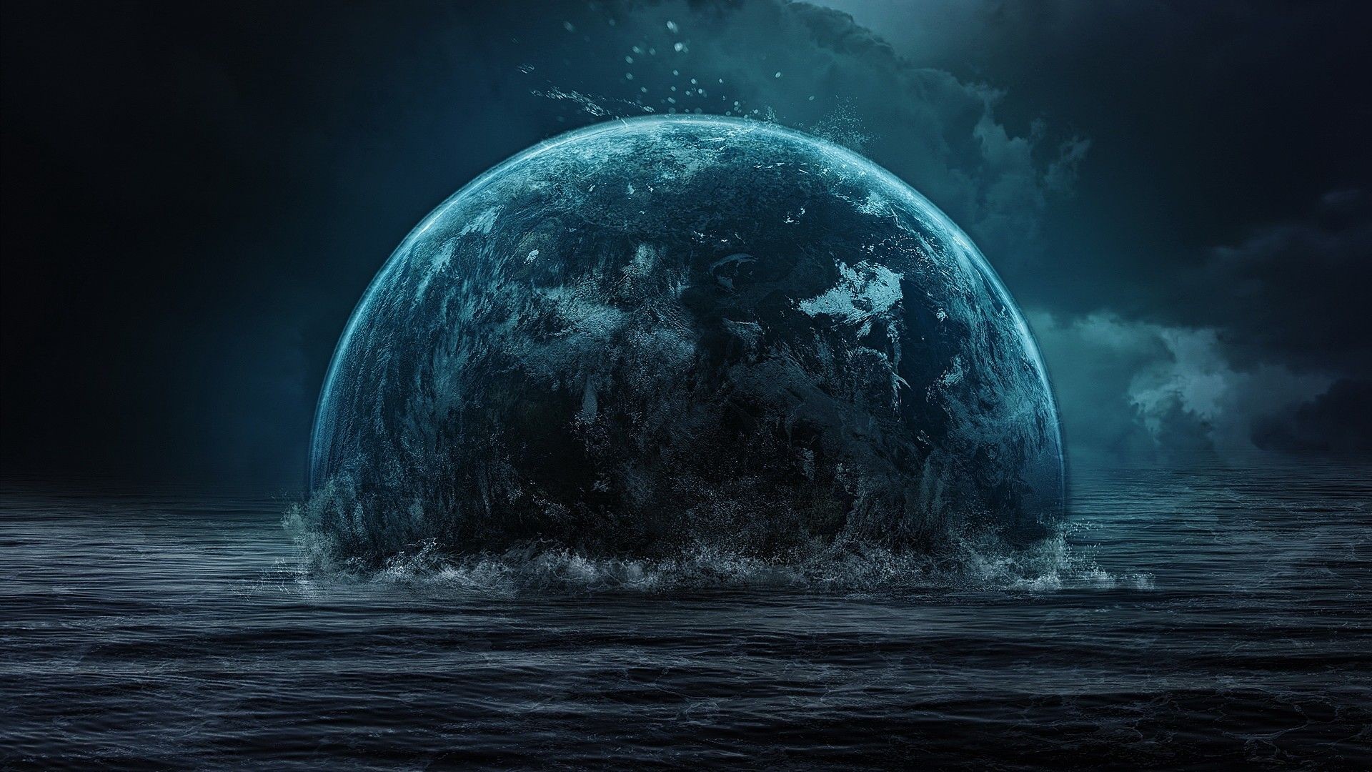 Planet emerging from dark ocean under stormy sky HD Wallpaper