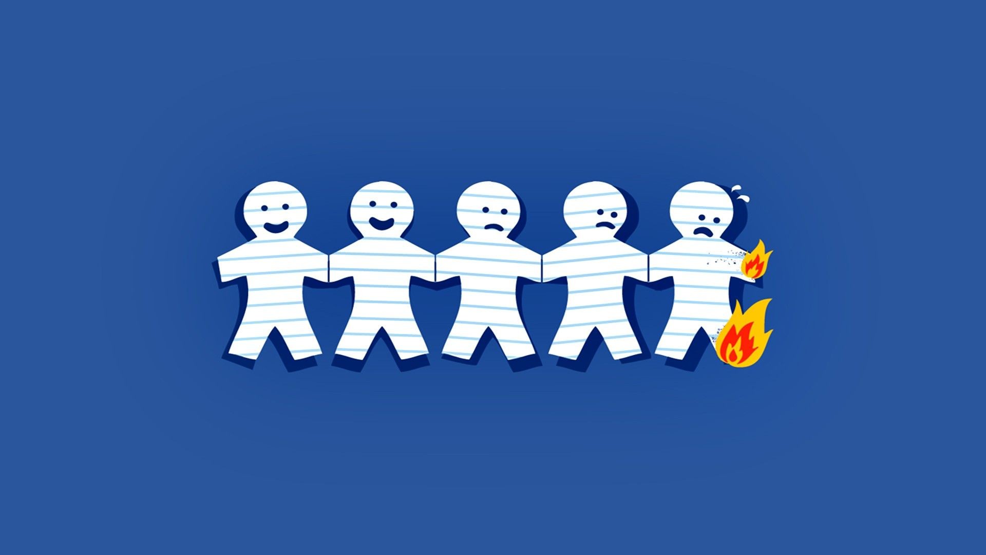 Paper people chain on blue background with one on fire HD Wallpaper