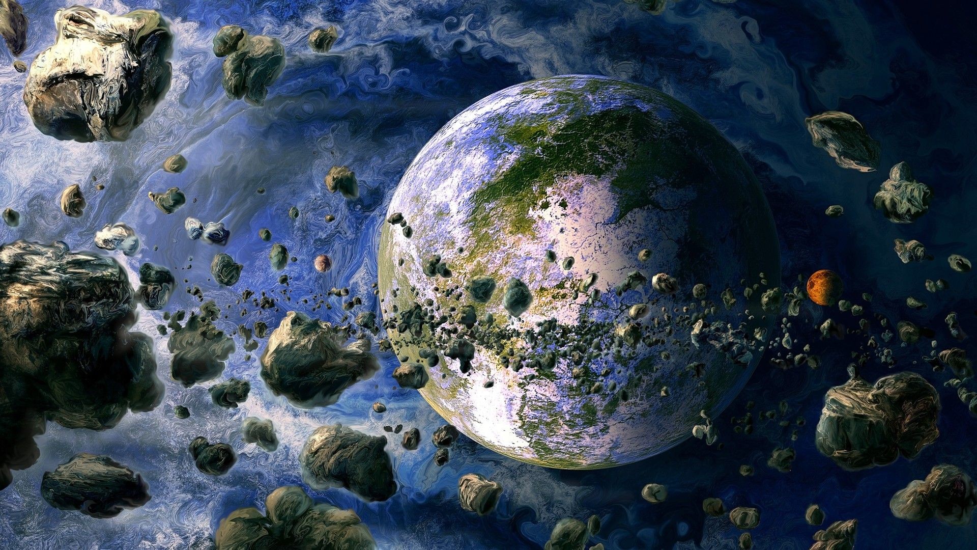 Planet and asteroids in outer space HD Wallpaper