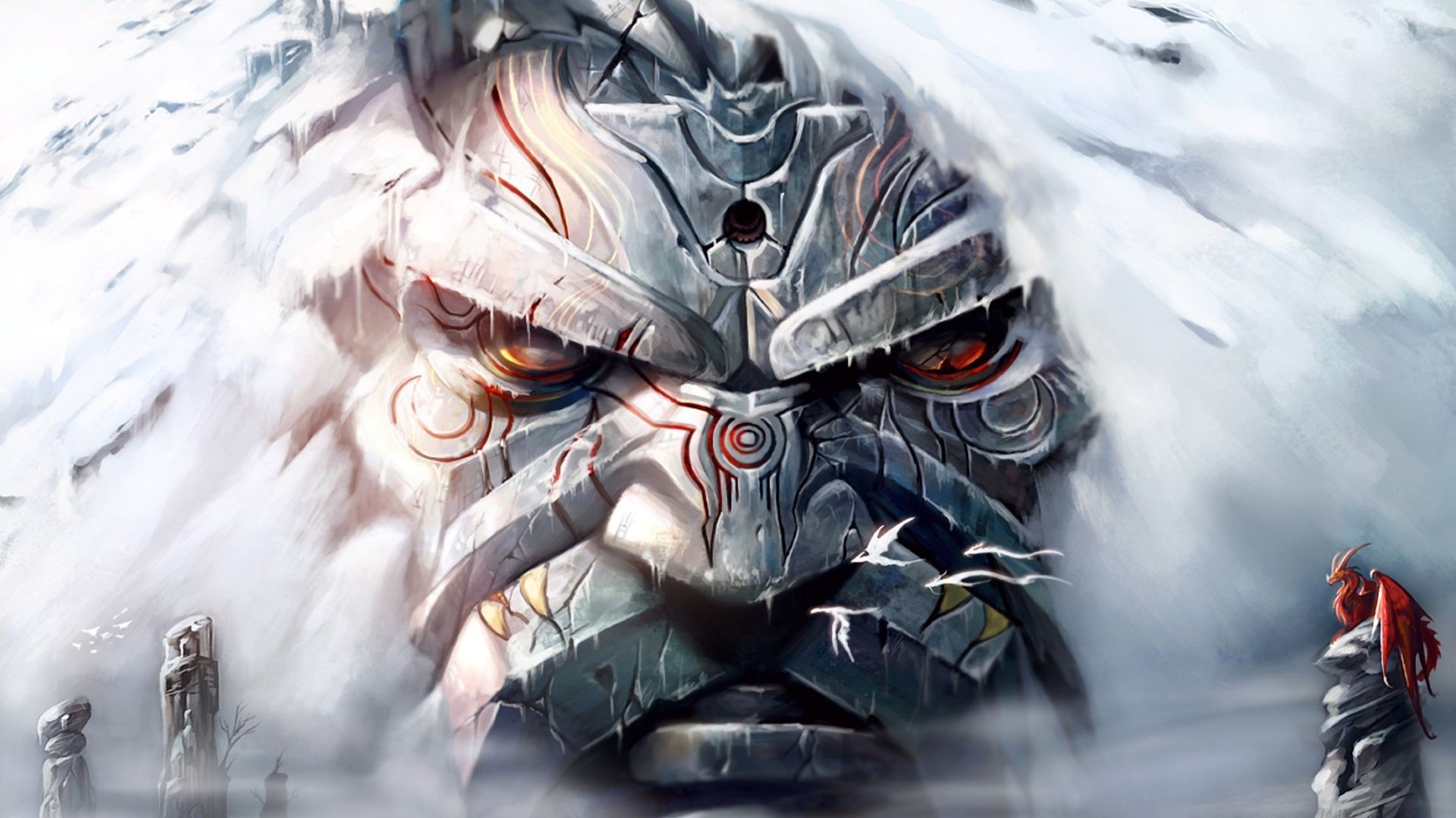 Giant stone face in a snowy mountain landscape HD Wallpaper