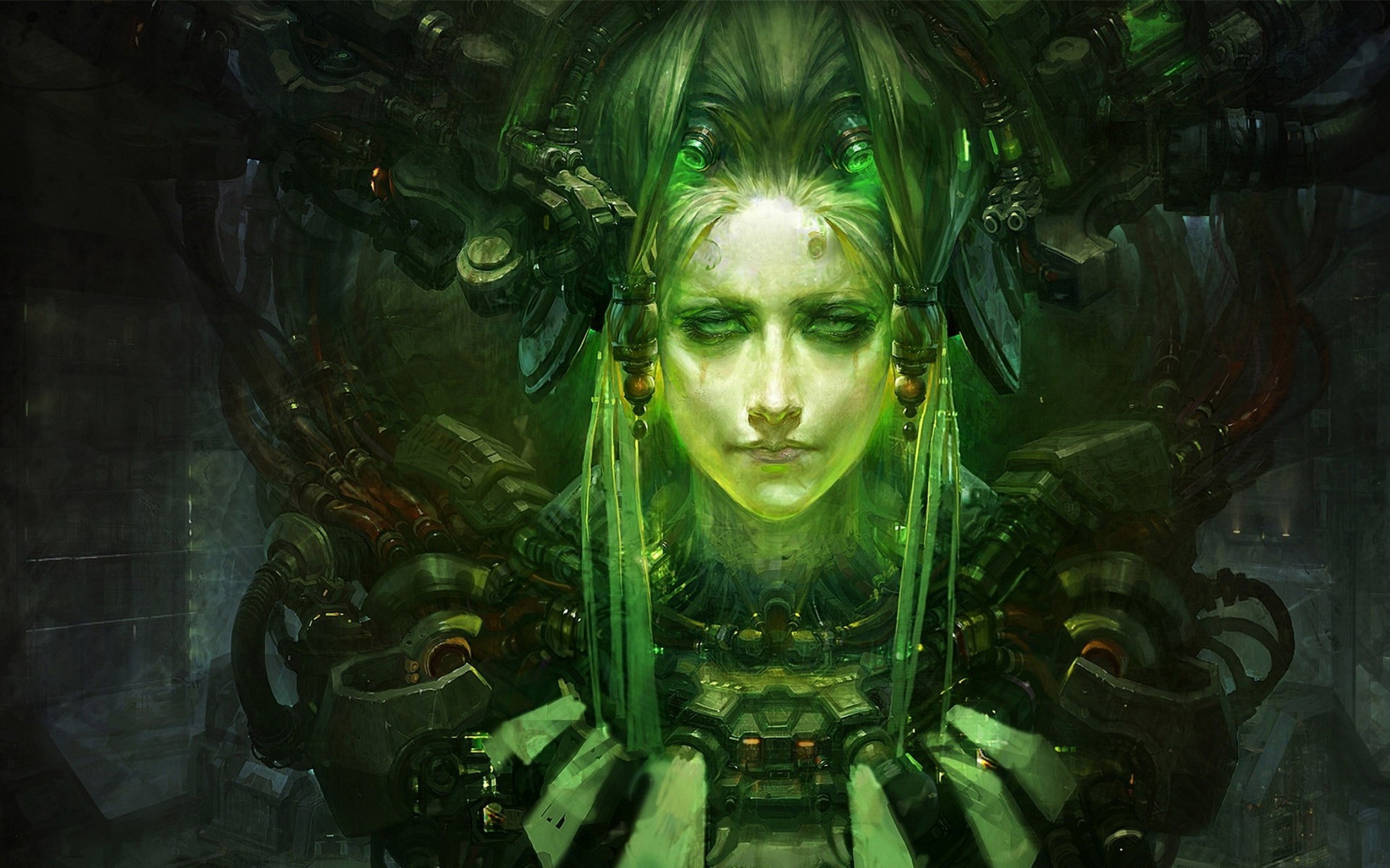 Futuristic woman with green glowing cybernetic implants HD Wallpaper