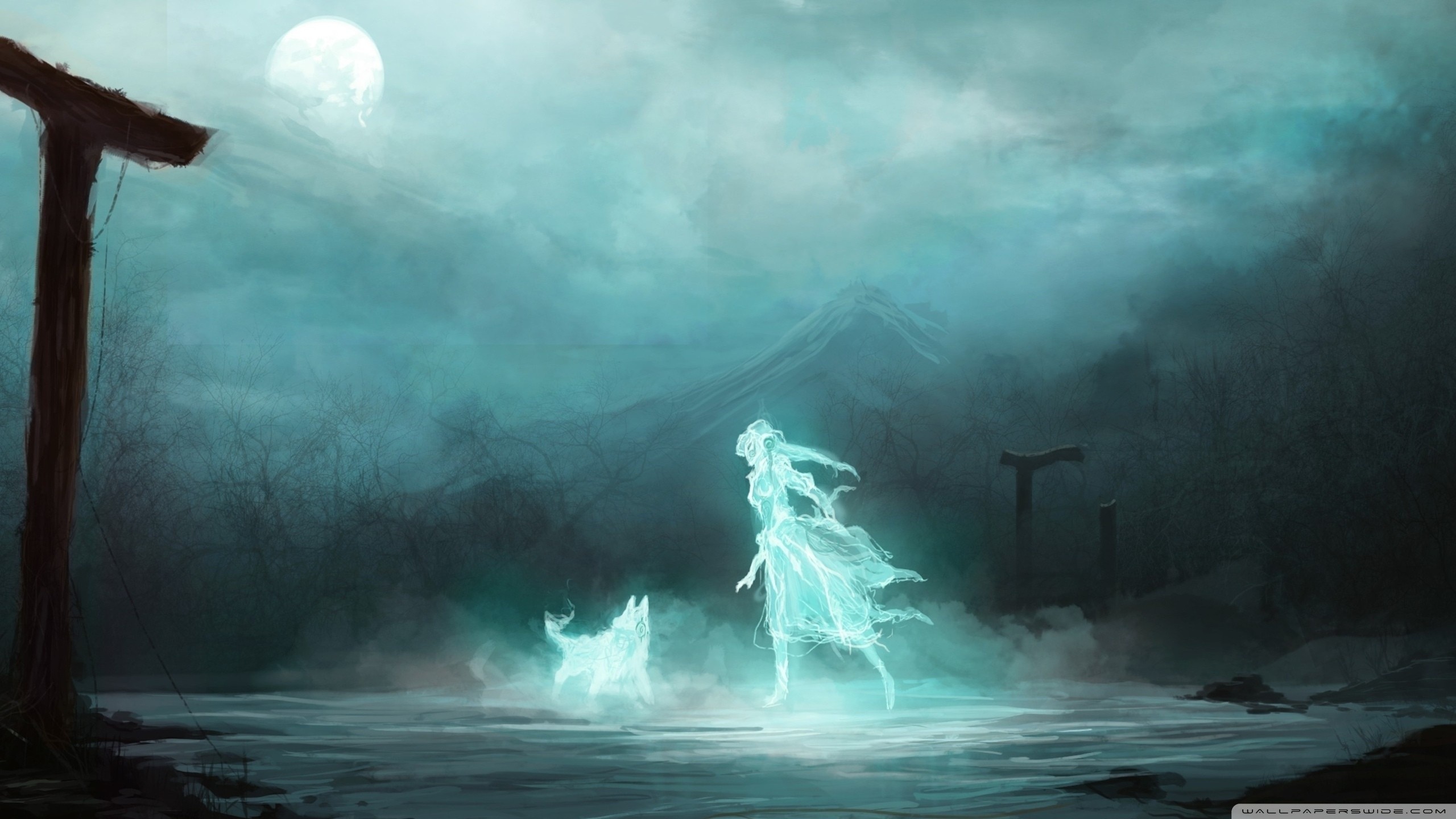 Fantasy art of a ghostly woman and wolf HD Wallpaper