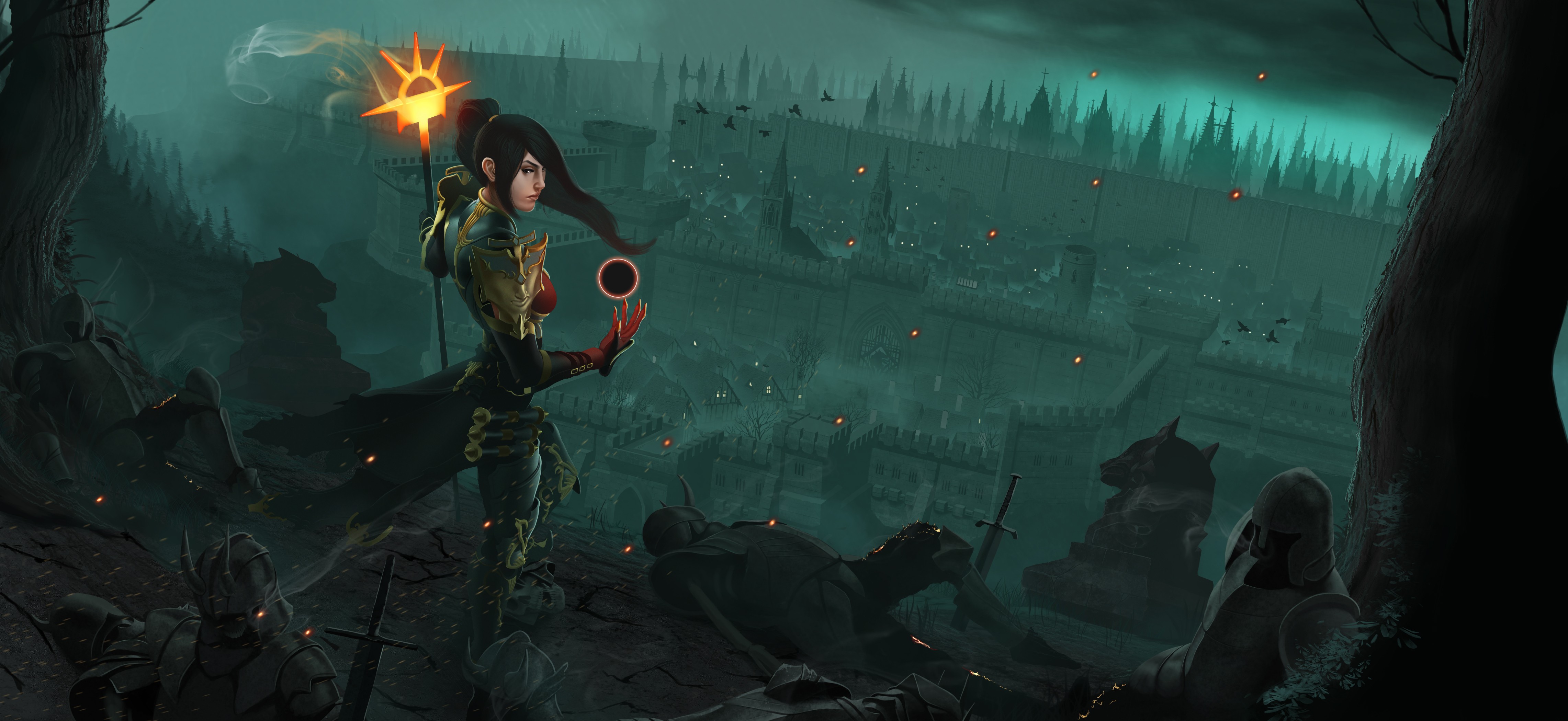 Diablo III Sorceress casting a spell over a ruined city HD Wallpaper