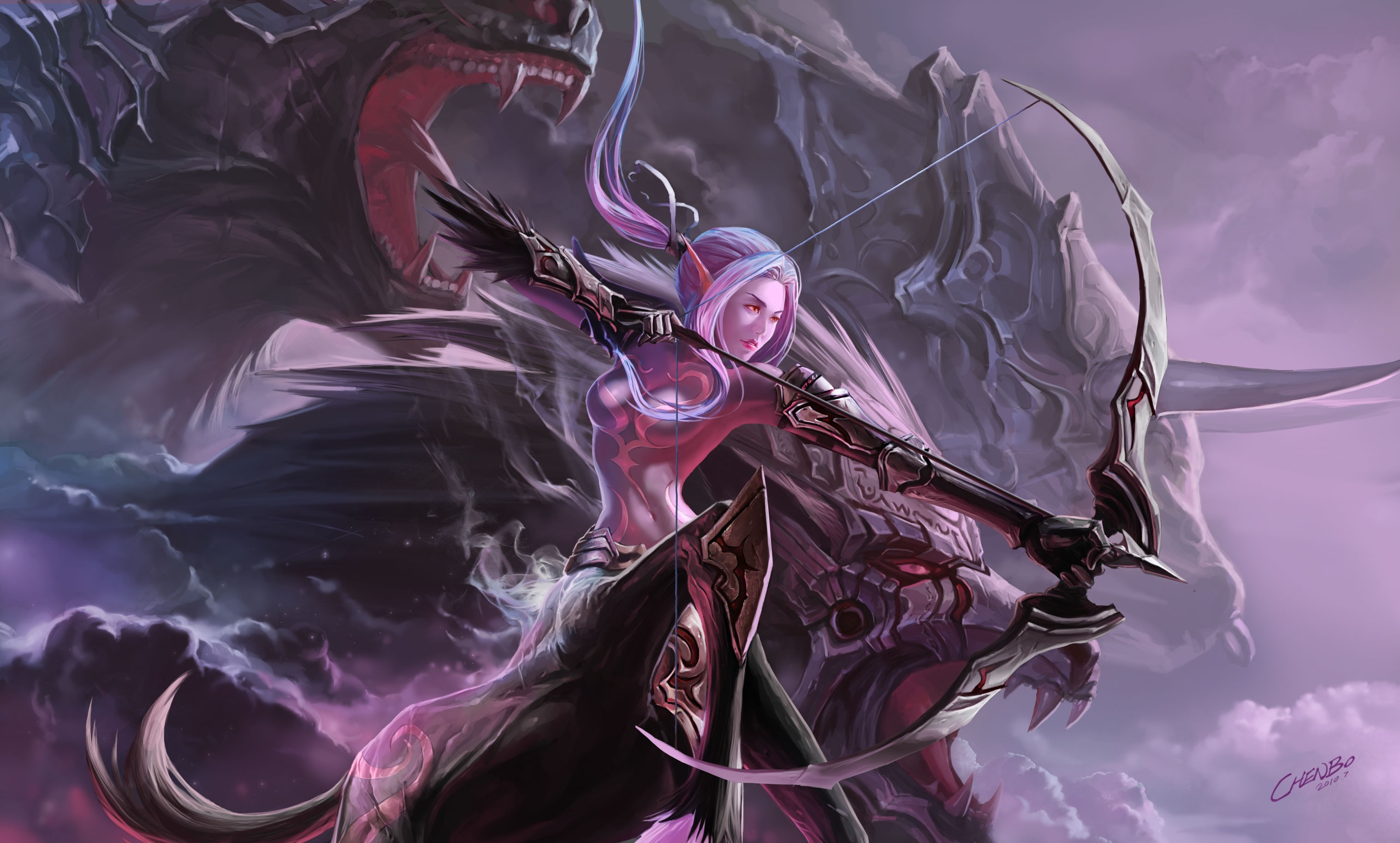Fantasy Archer Riding a Creature with a Dragon HD Wallpaper