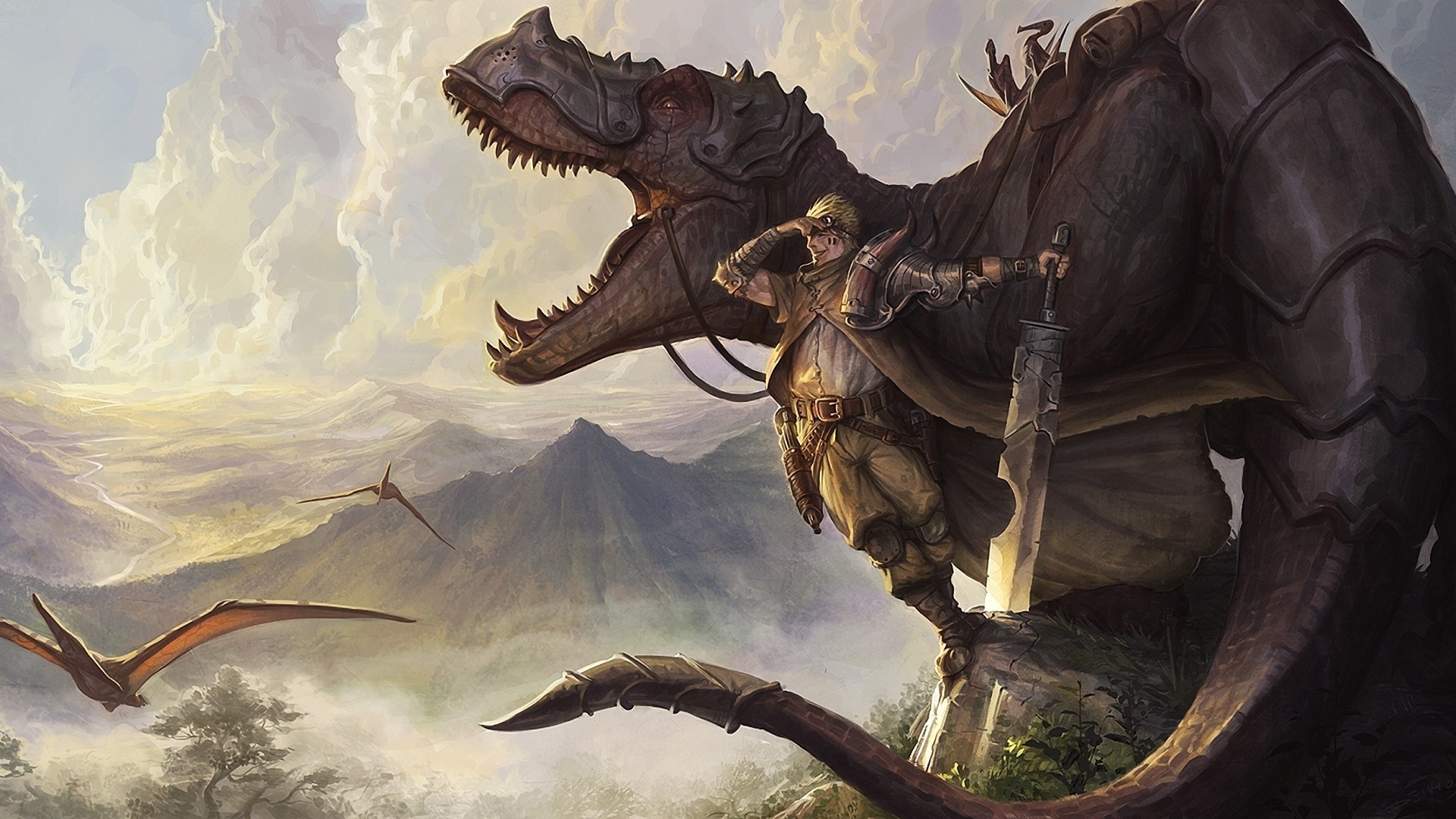Warrior riding a dinosaur with pterodactyls flying HD Wallpaper