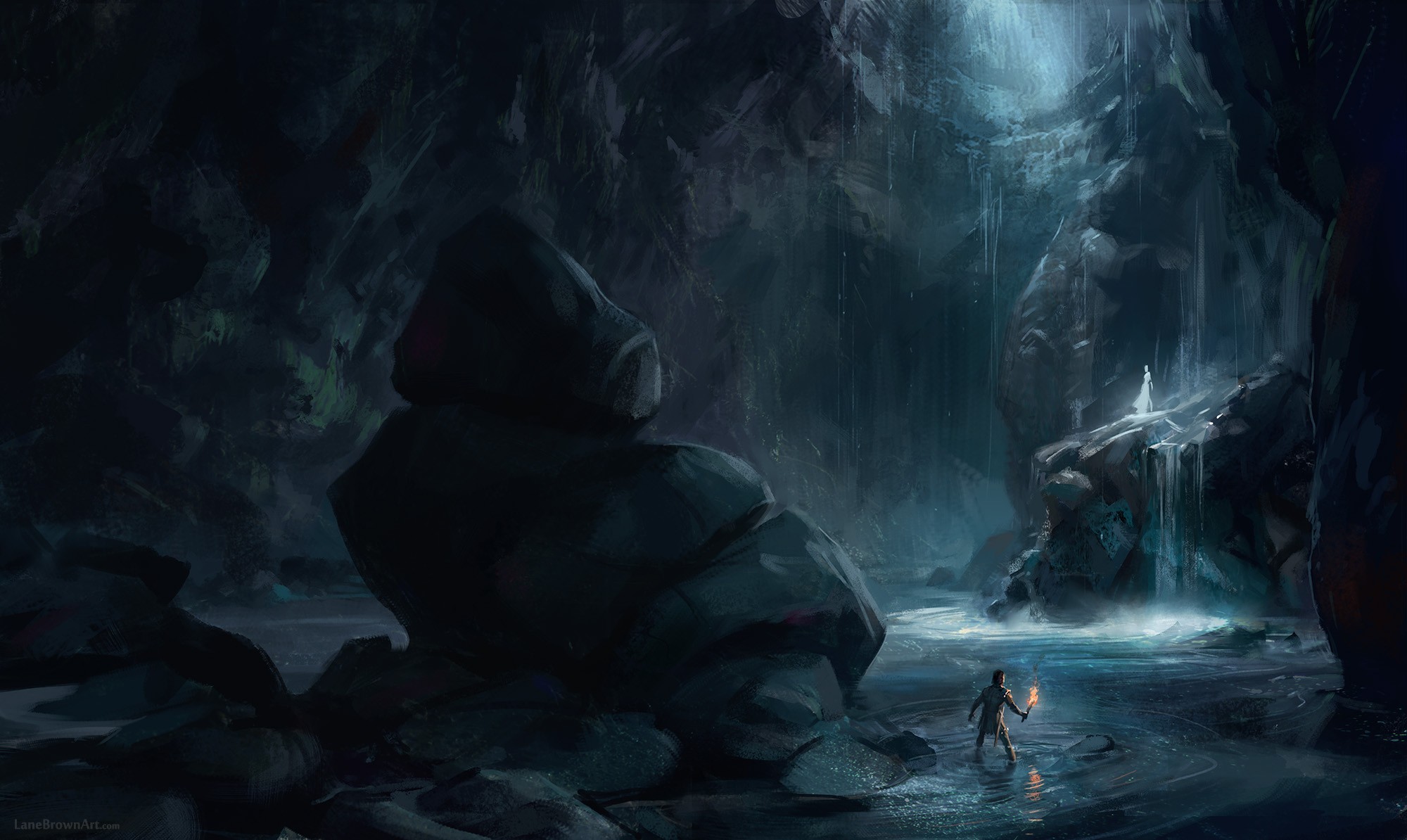 Man with torch explores a dark cave with waterfall HD Wallpaper