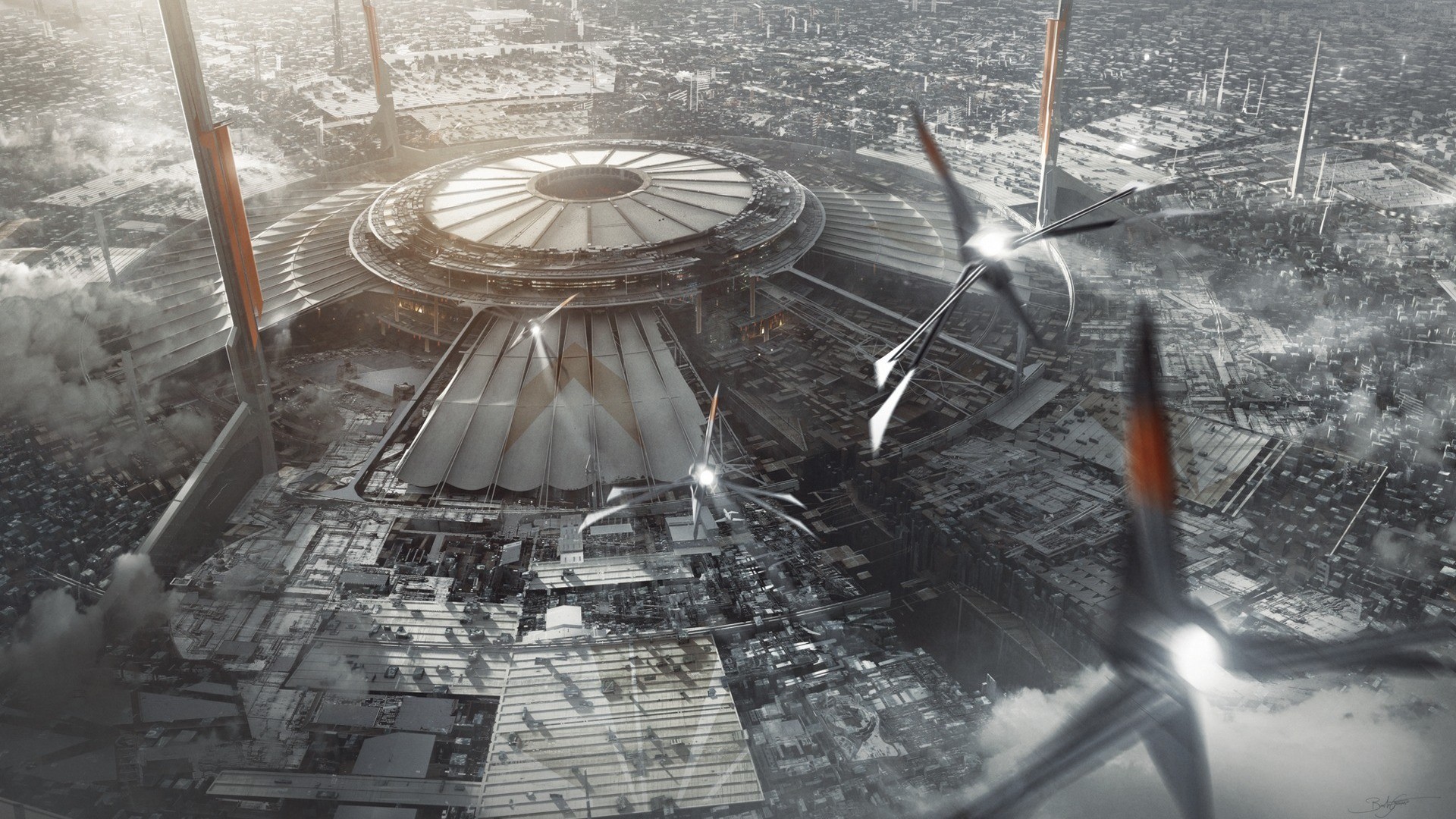 Futuristic city with flying vehicles HD Wallpaper