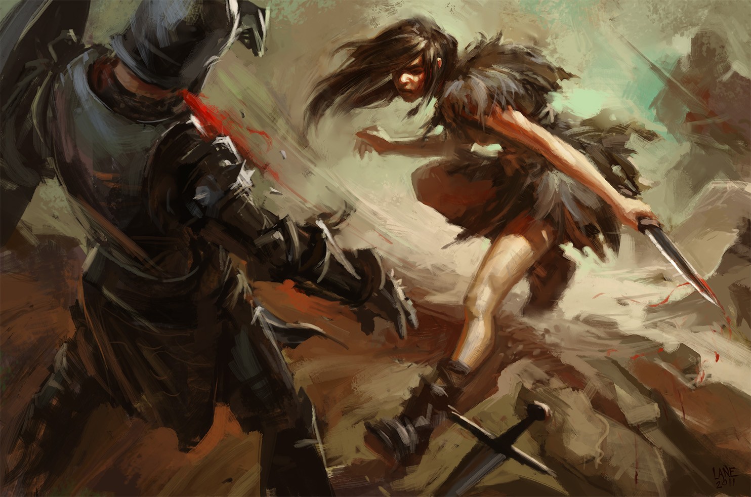 Woman in tribal attire fights armored knight HD Wallpaper