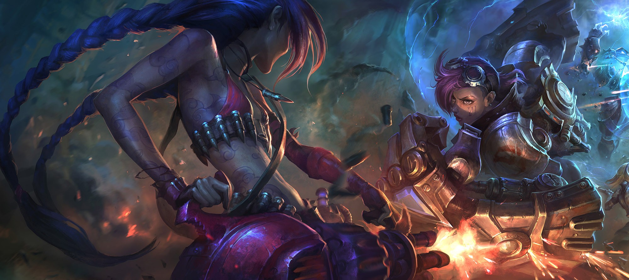 Jinx and Vi fighting in League of Legends HD Wallpaper