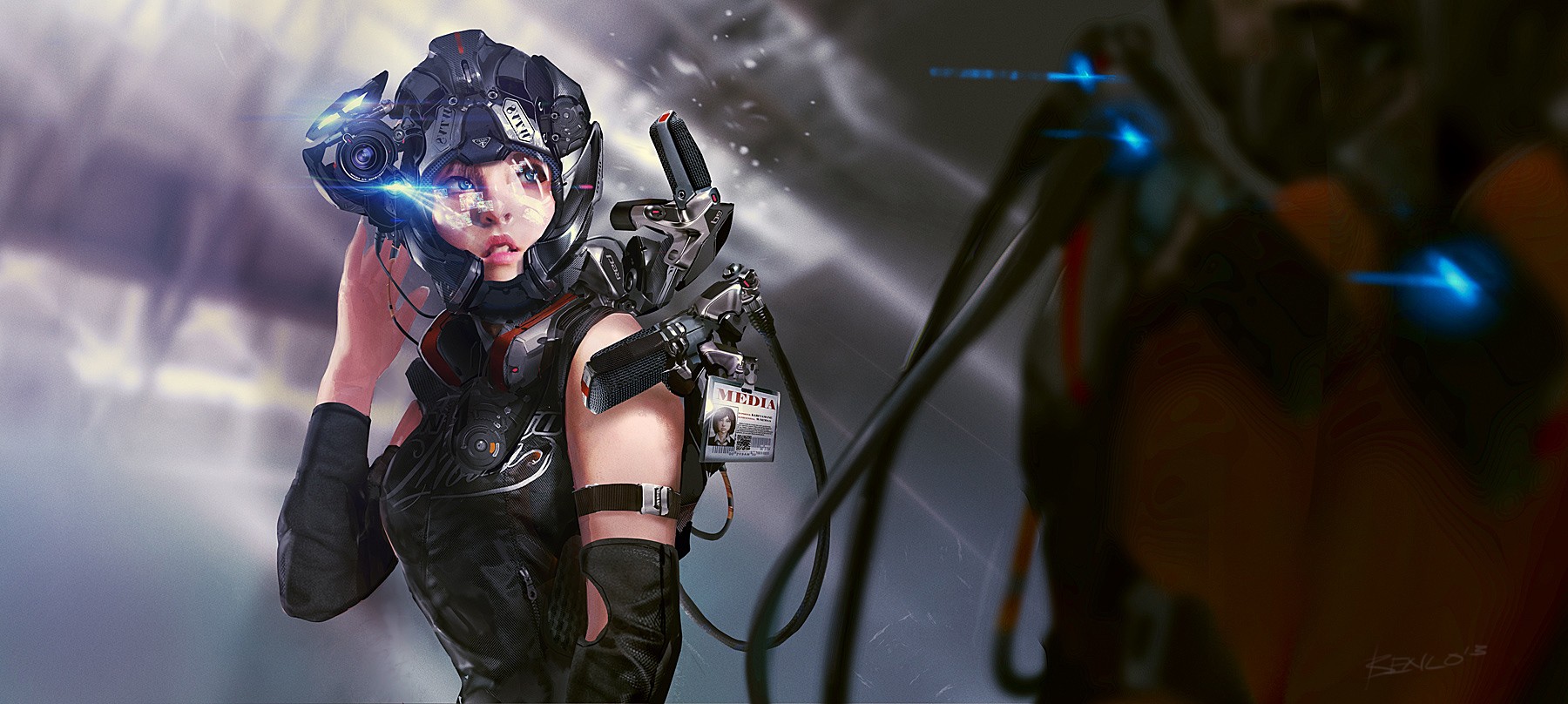 Futuristic woman with cybernetic helmet and gear HD Wallpaper