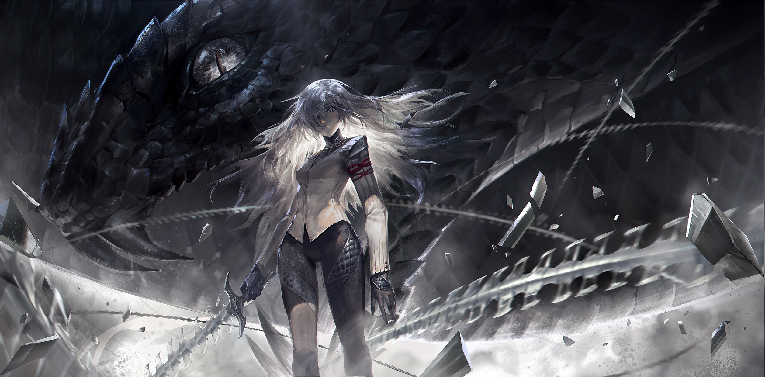 Anime girl with a dragon and swords HD Wallpaper