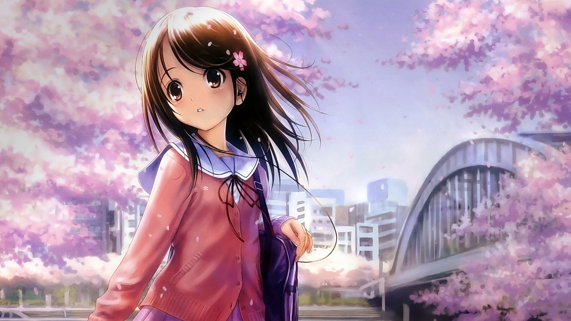 Anime girl with cherry blossoms and bridge HD Wallpaper