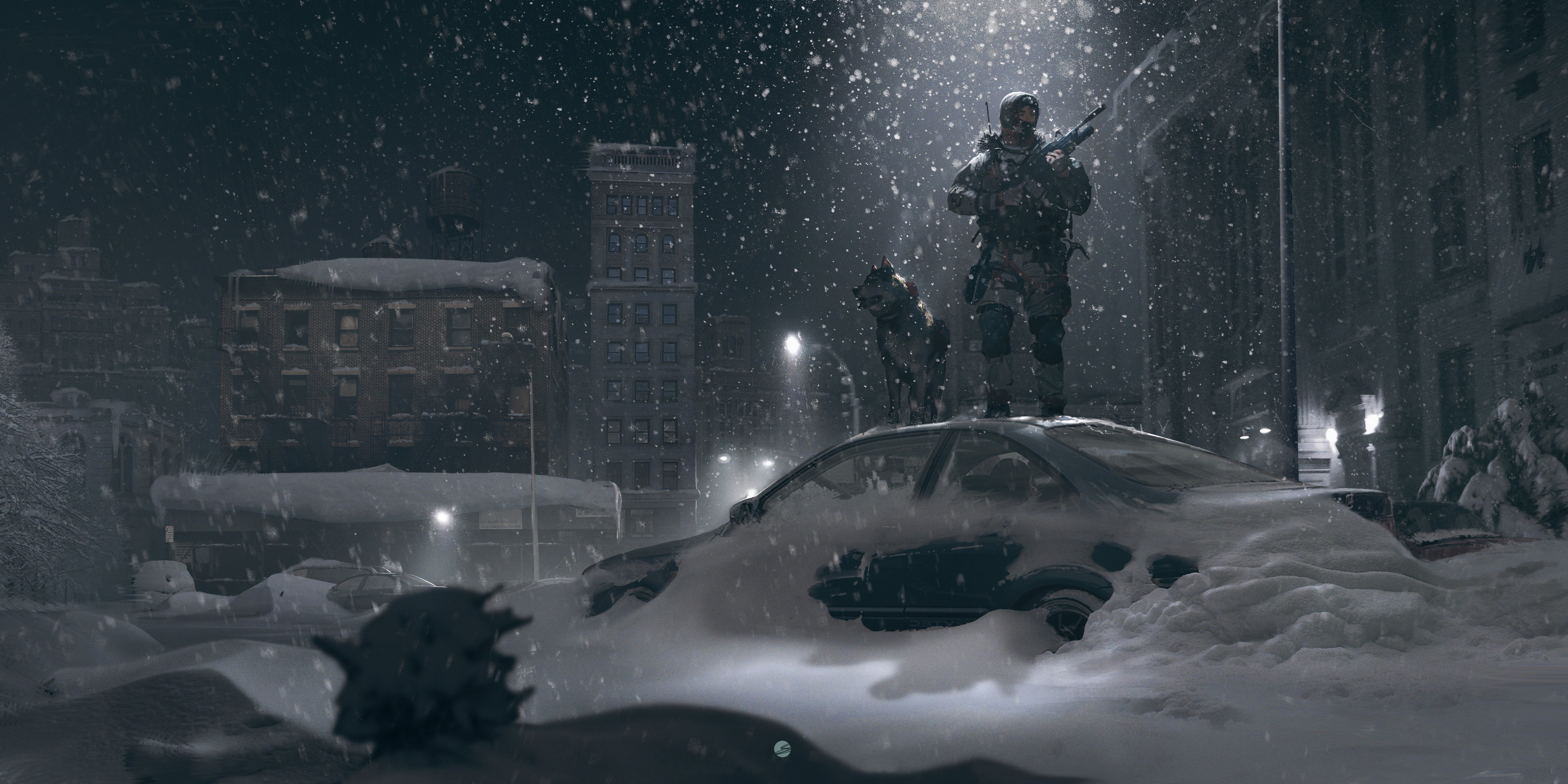 Soldier and dog in a snowy city HD Wallpaper