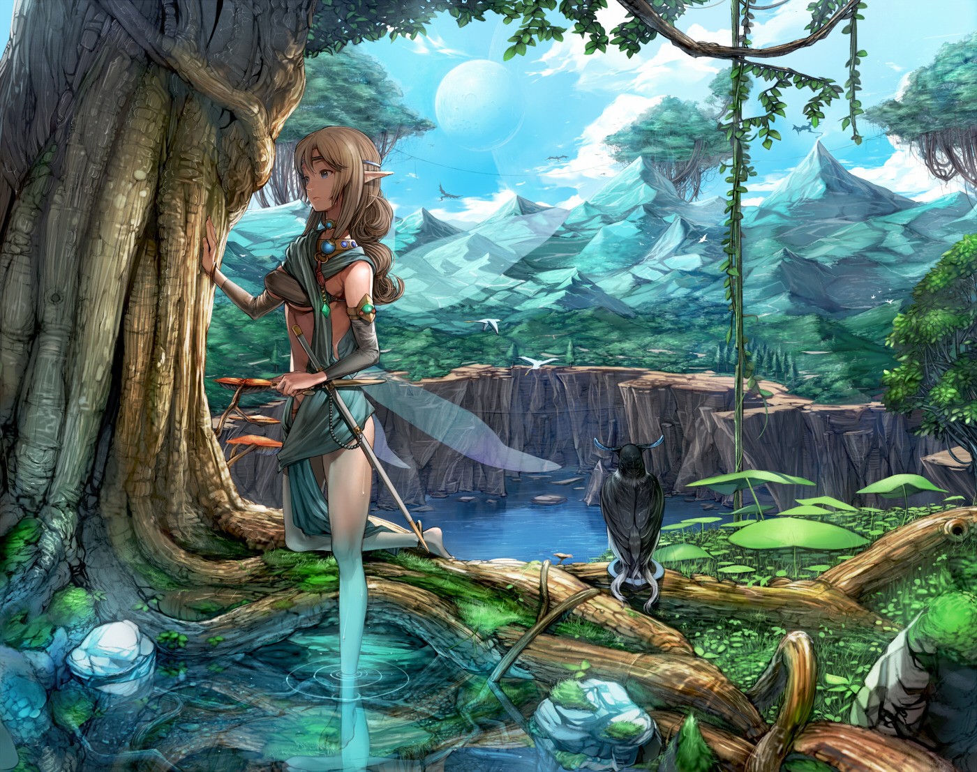 Anime elf girl by a tree in a fantasy landscape HD Wallpaper