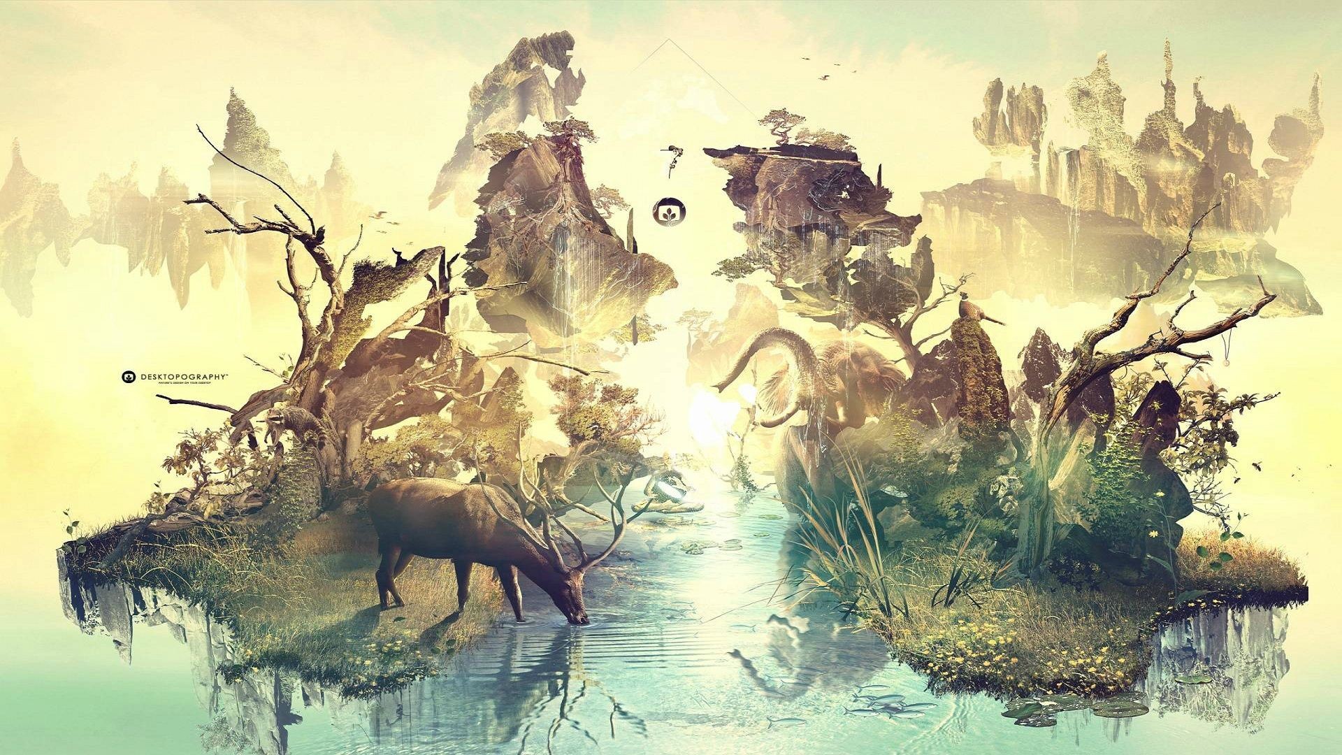 Desktopography: Surreal Landscape with Deer and Floating Islands HD Wallpaper