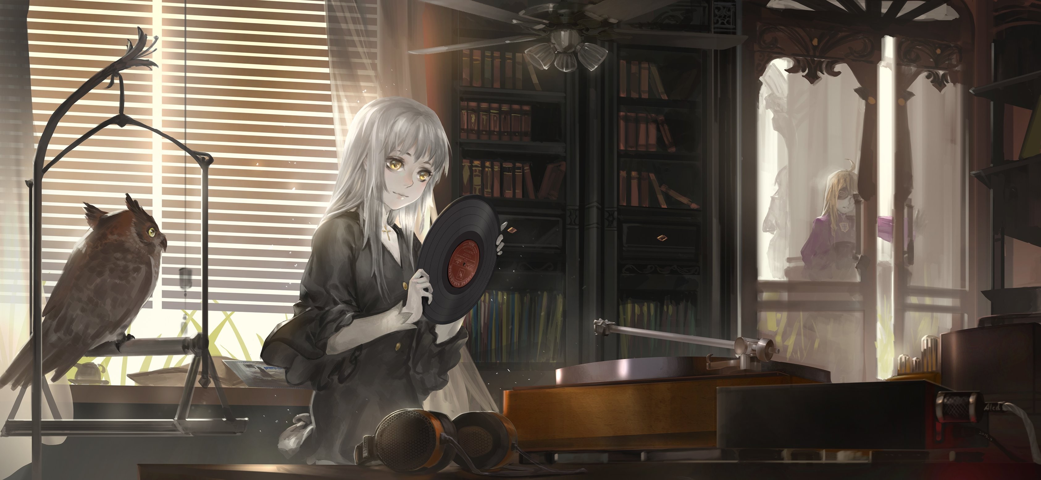 Anime girl with owl and vinyl record HD Wallpaper