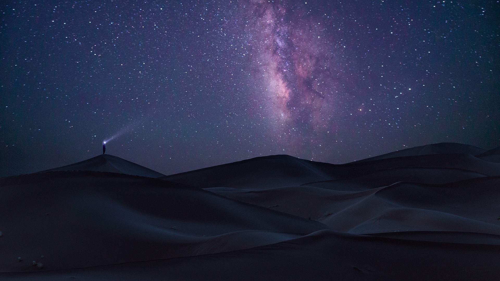 Person with flashlight under the Milky Way in the desert HD Wallpaper