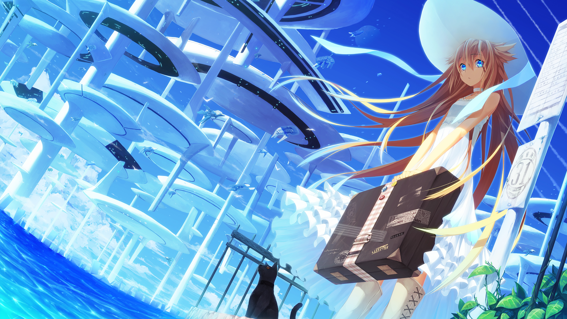 Anime girl with suitcase in futuristic city HD Wallpaper