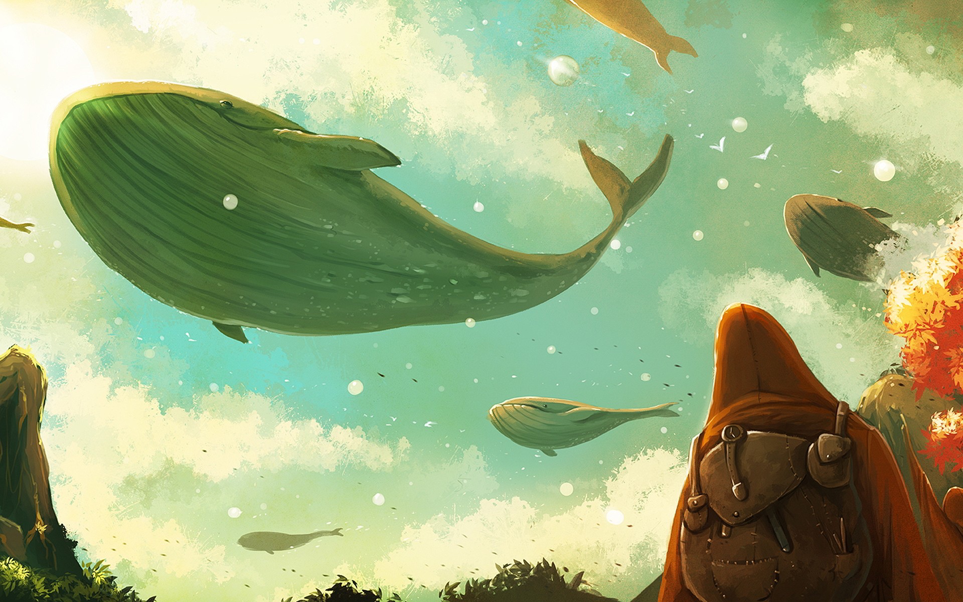 Fantasy art of flying whales in the sky HD Wallpaper