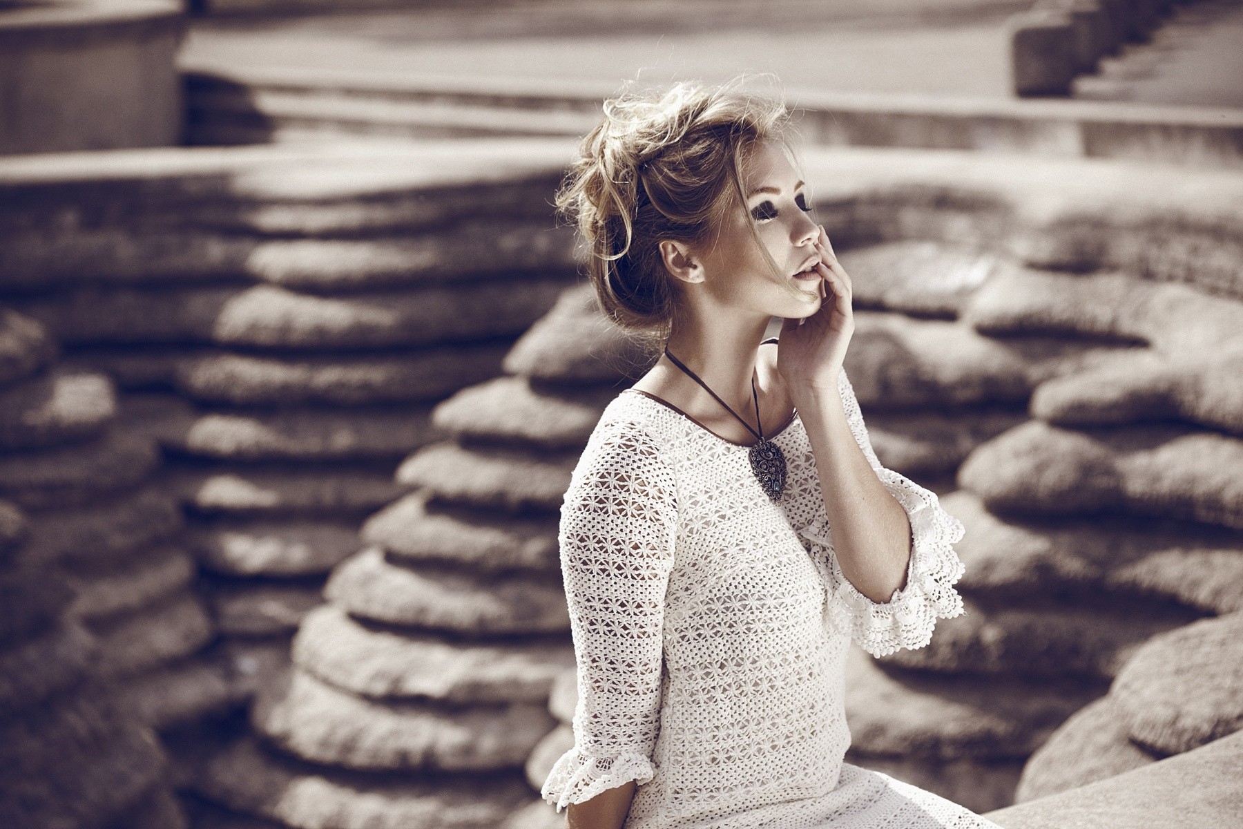 Woman with blonde hair in a white dress outdoors HD Wallpaper