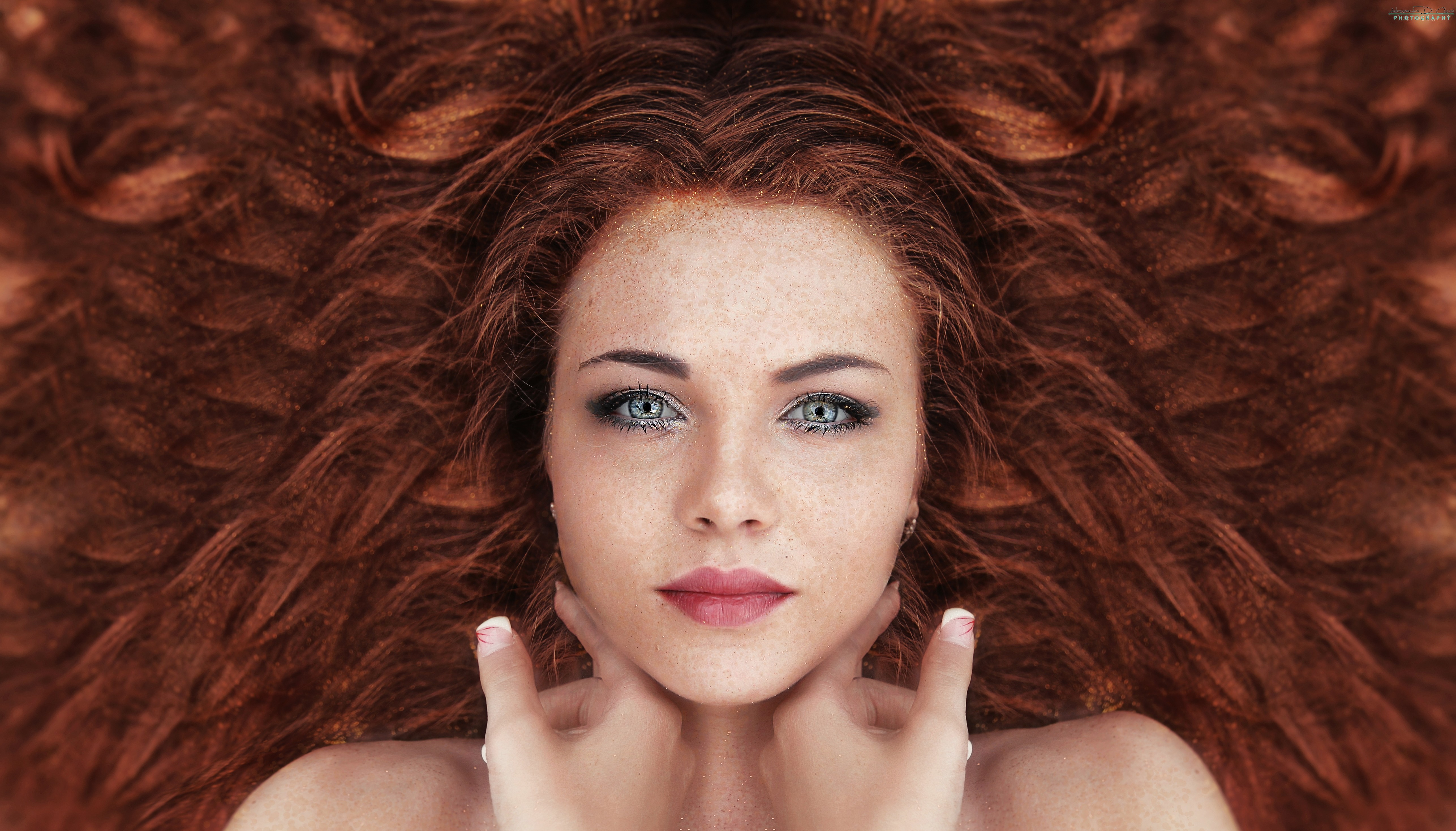 Redhead woman with freckles and blue eyes HD Wallpaper