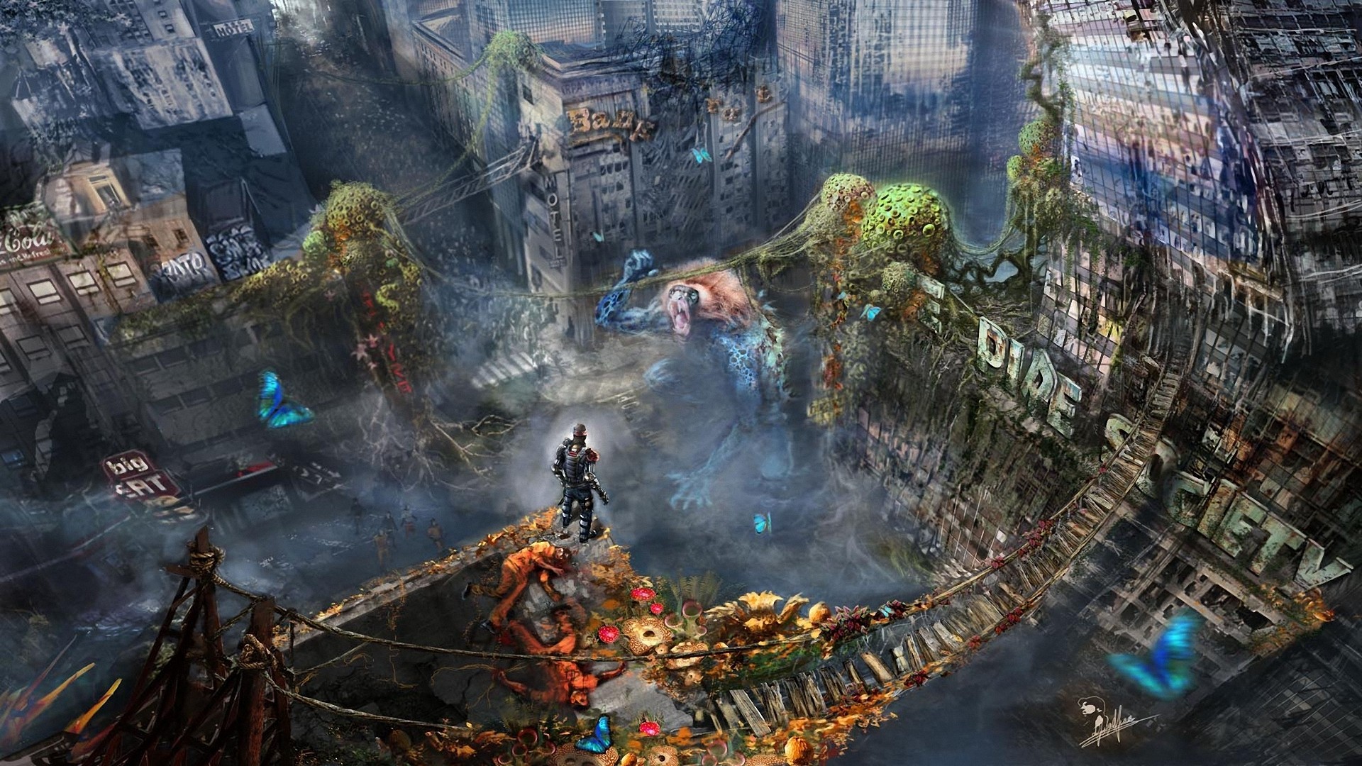 Post-apocalyptic city with a soldier facing a monster HD Wallpaper
