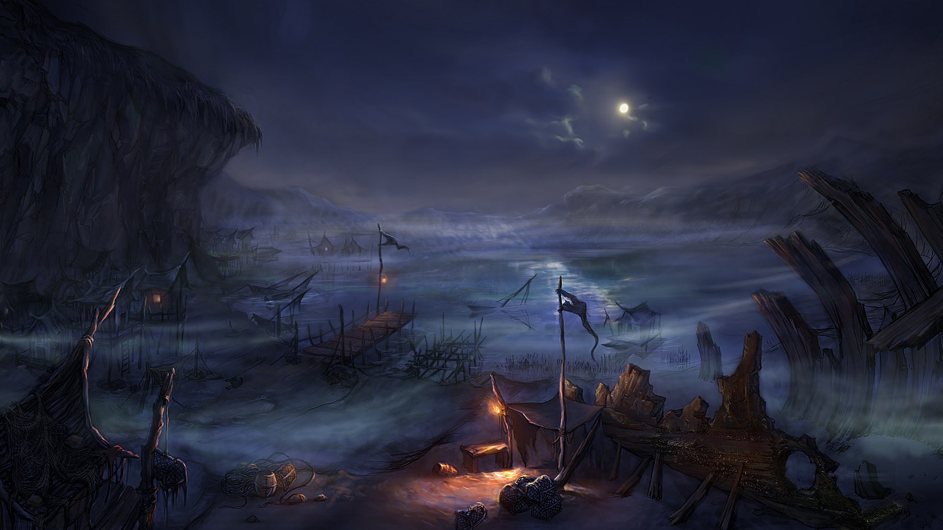 Diablo III Fantasy Art of a Misty Swamp Village HD Wallpaper