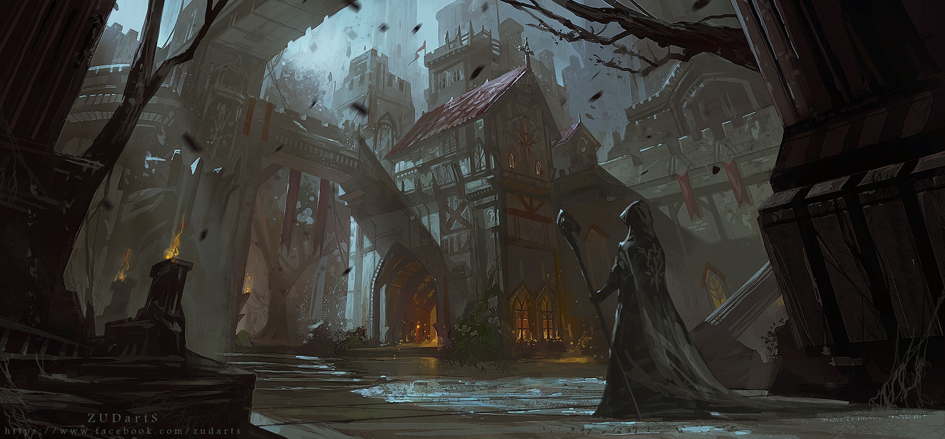 Fantasy art of a hooded figure in a ruined city HD Wallpaper