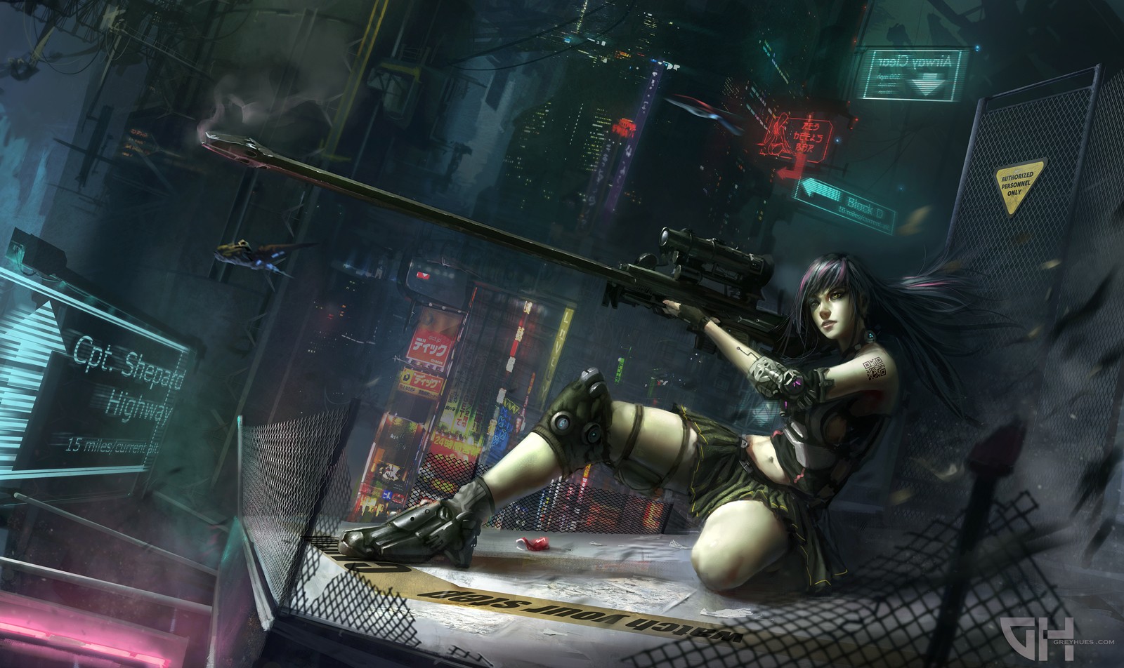 Woman with sniper rifle in futuristic city HD Wallpaper
