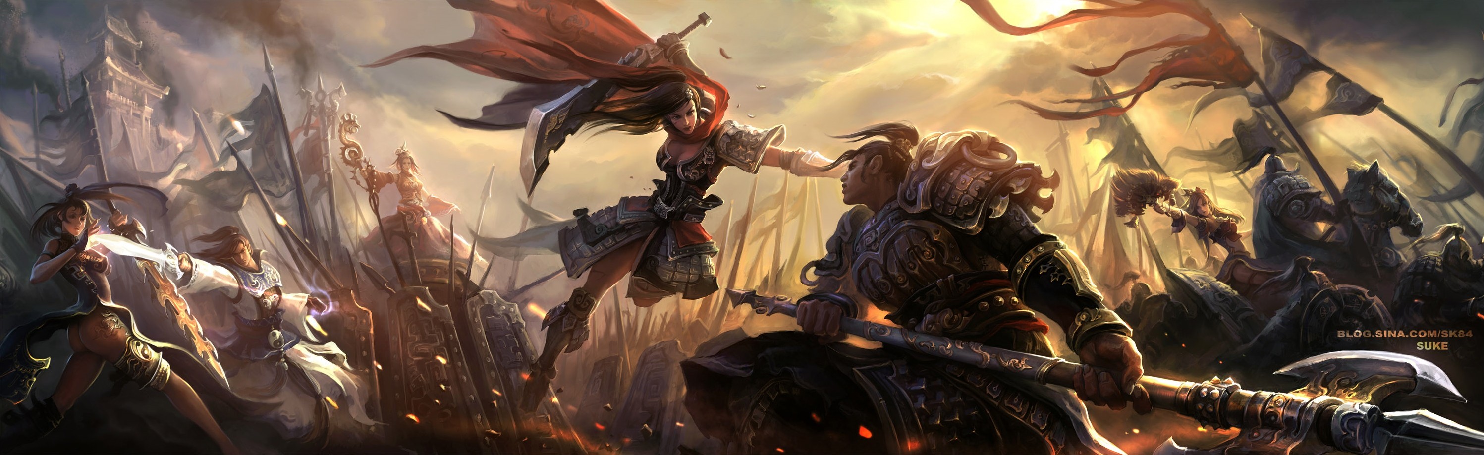 Fantasy battle scene with warriors and banners HD Wallpaper
