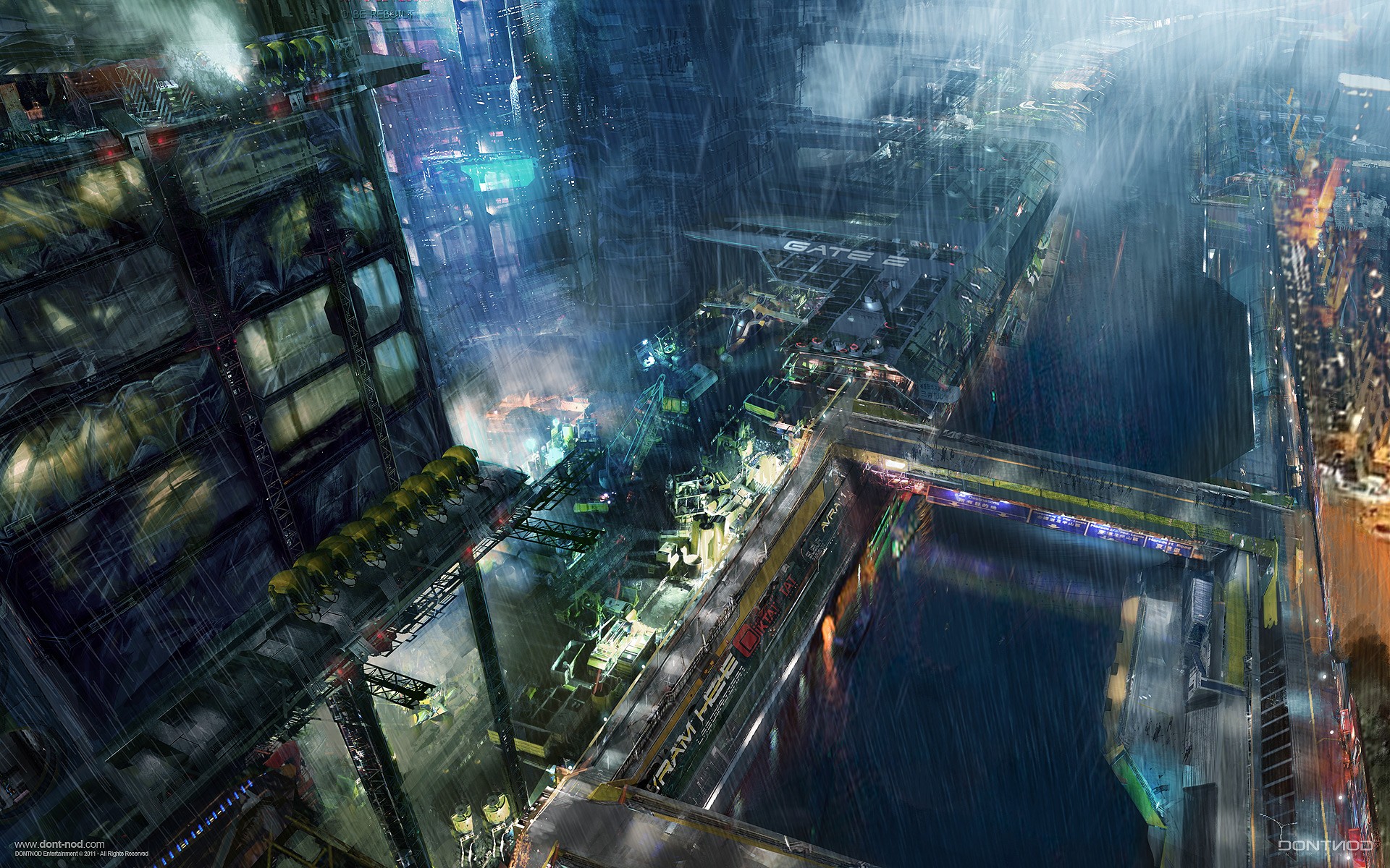 Cyberpunk city with rain and industrial structures HD Wallpaper