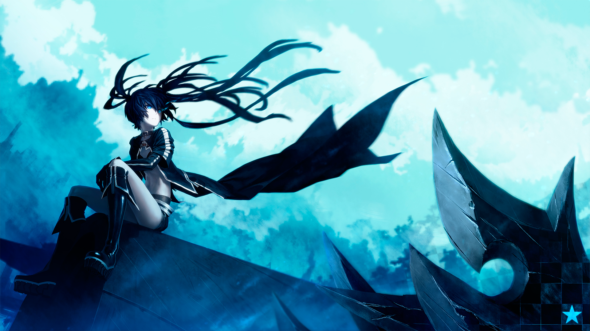 Black Rock Shooter sitting on dark structures HD Wallpaper