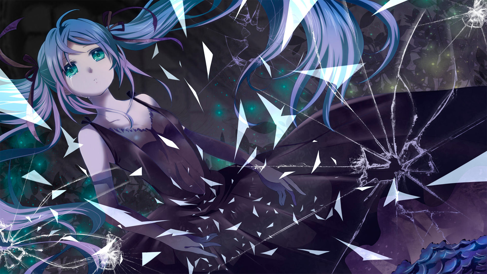 Anime girl with blue hair crying behind broken glass HD Wallpaper