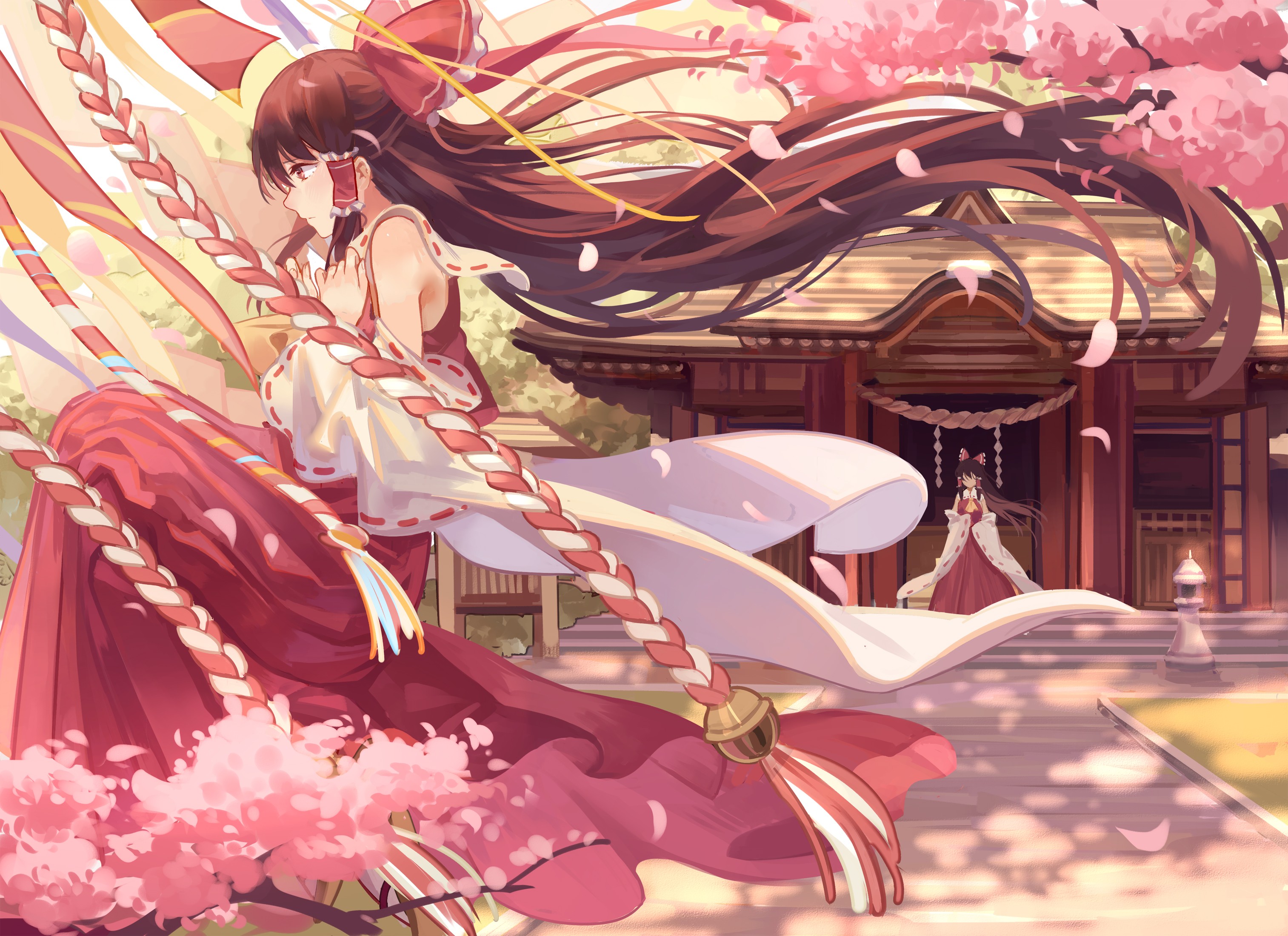 Hakurei Reimu in front of a shrine with cherry blossoms HD Wallpaper