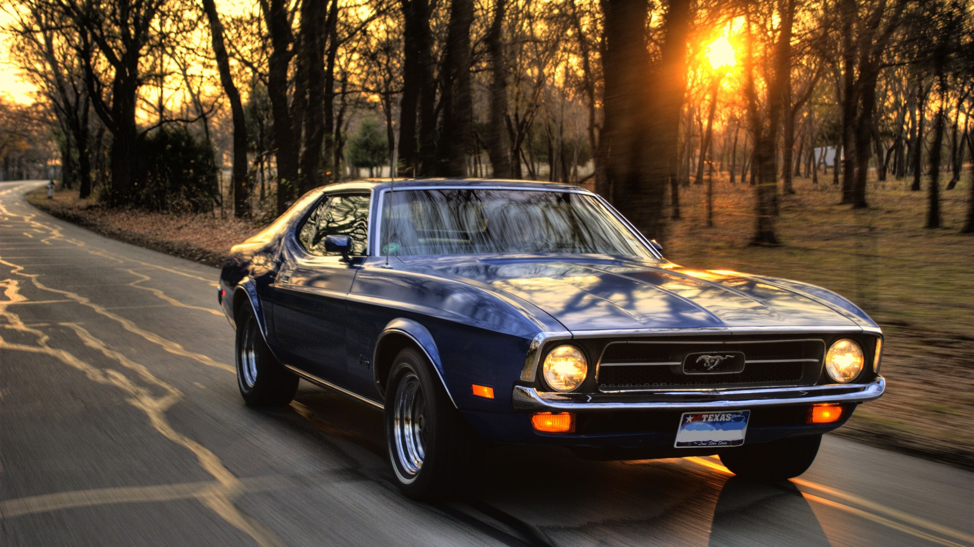 Blue Ford Mustang driving on a road at sunset HD Wallpaper
