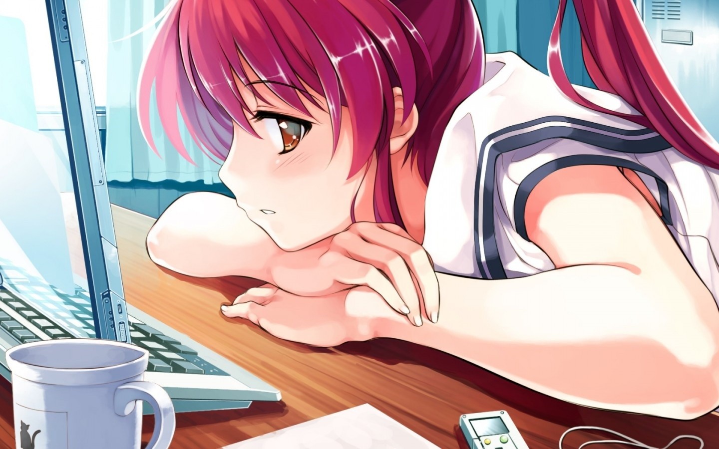 Anime girl with red hair looking at a laptop HD Wallpaper