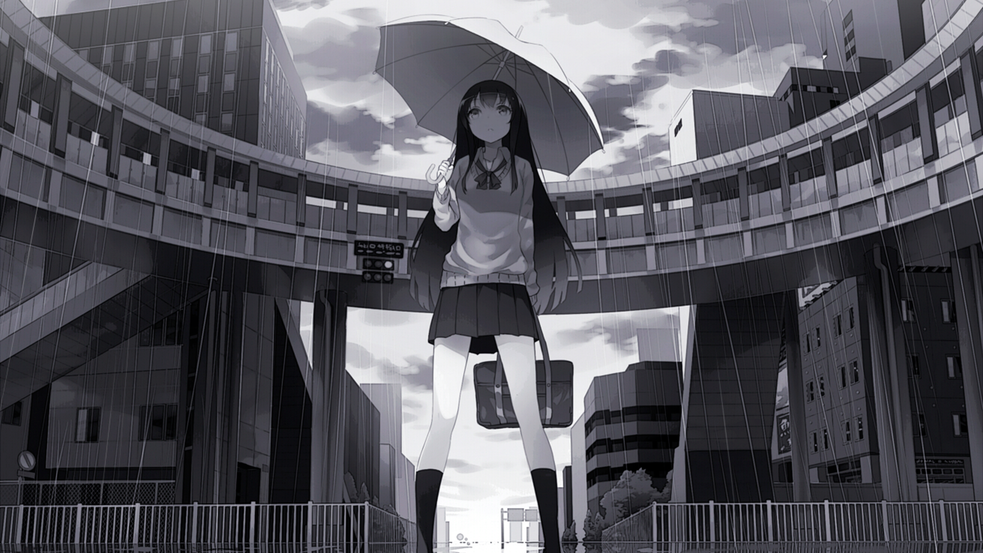 Anime schoolgirl with umbrella in the rain HD Wallpaper