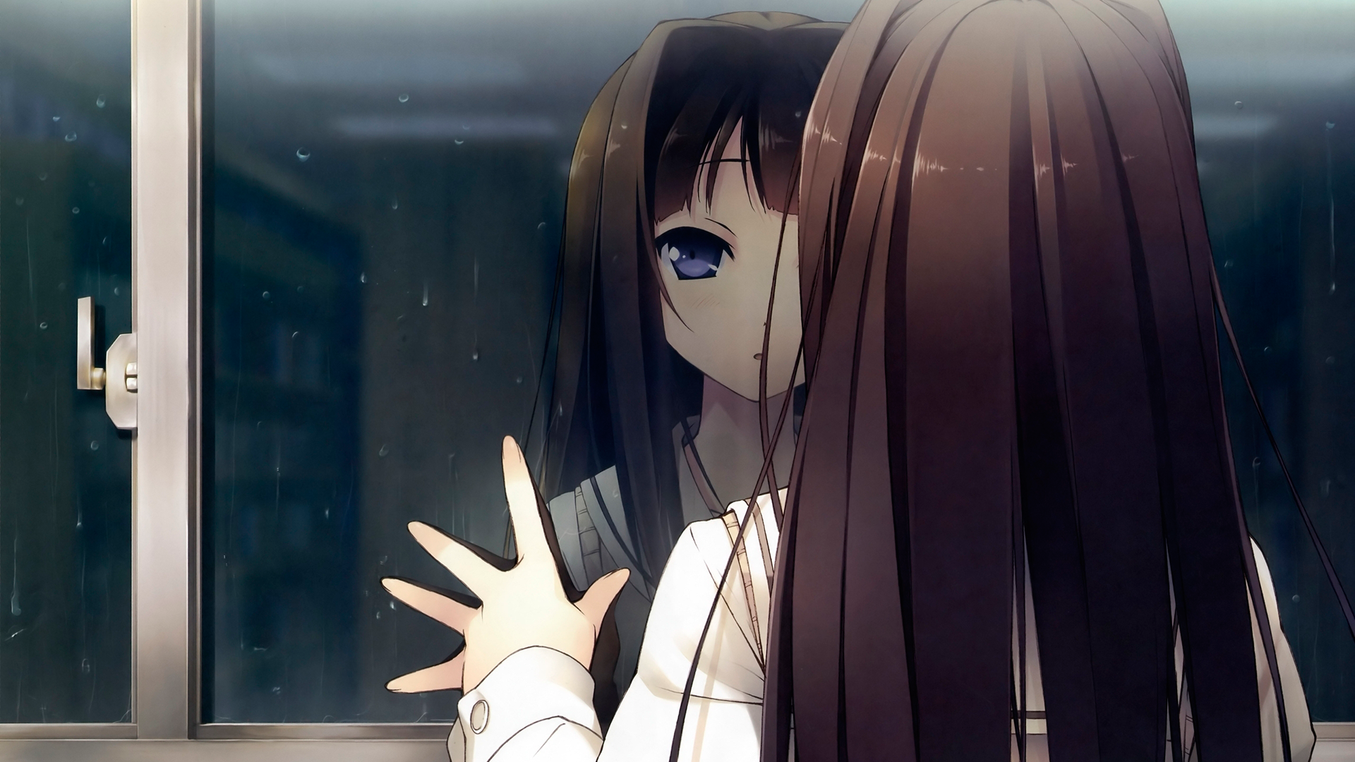 Anime girl looking through a rainy window HD Wallpaper