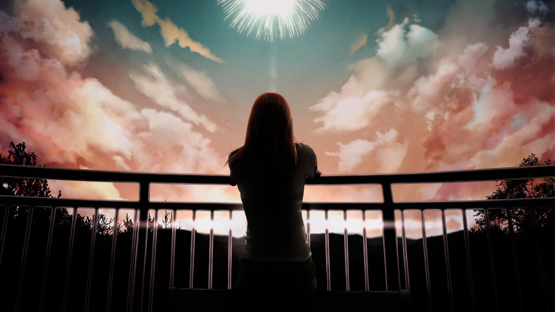 Anime girl watching fireworks from a balcony HD Wallpaper