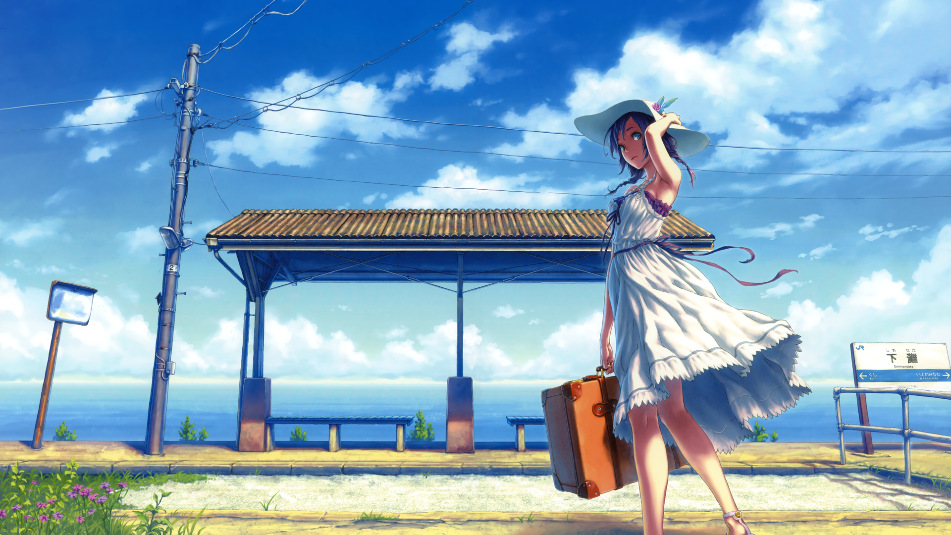 Anime girl with suitcase at a train station HD Wallpaper